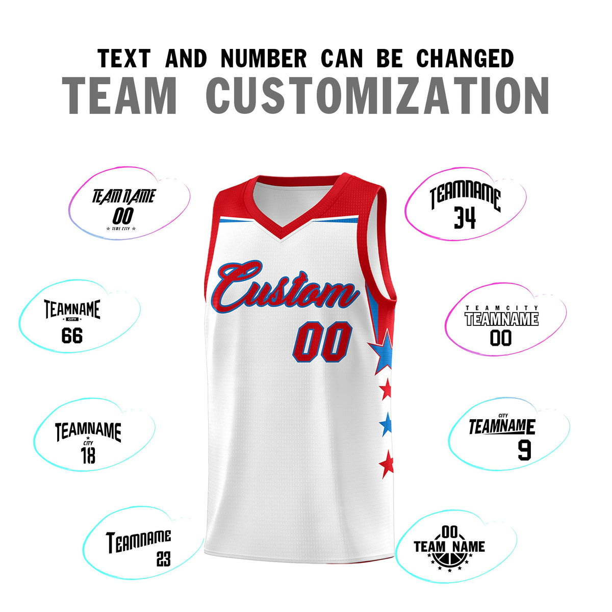 Custom Youth Basketball Uniform White Red Two Tone Side Star Add Name Number &amp; Logo