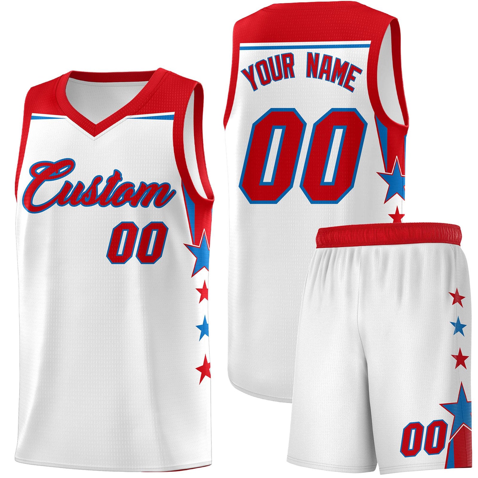 Custom Youth Basketball Uniform White Red Two Tone Side Star Add Name Number & Logo