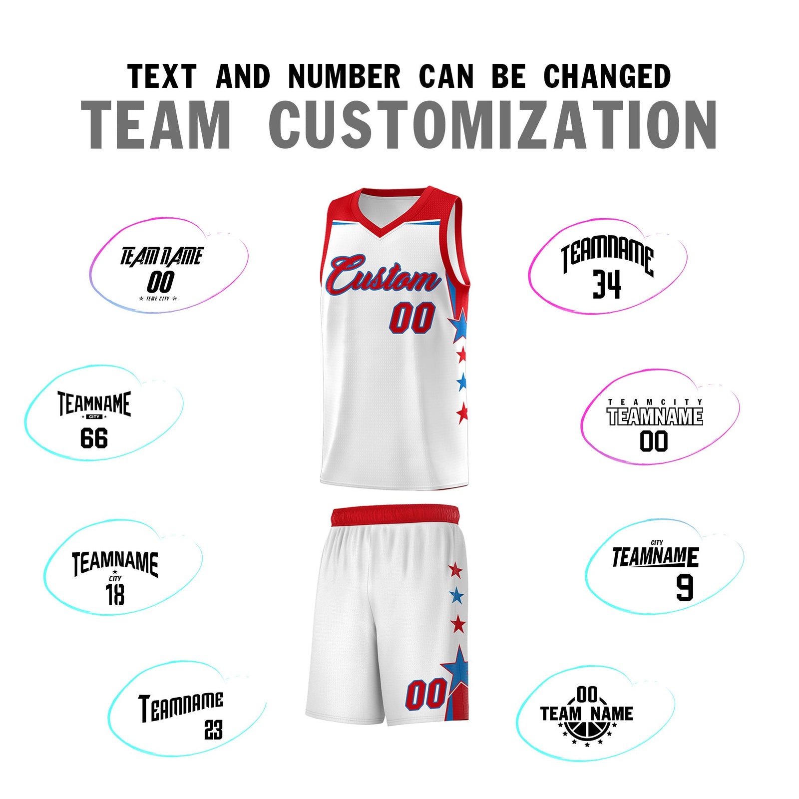 Custom Youth Basketball Uniform White Red Two Tone Side Star Add Name Number & Logo