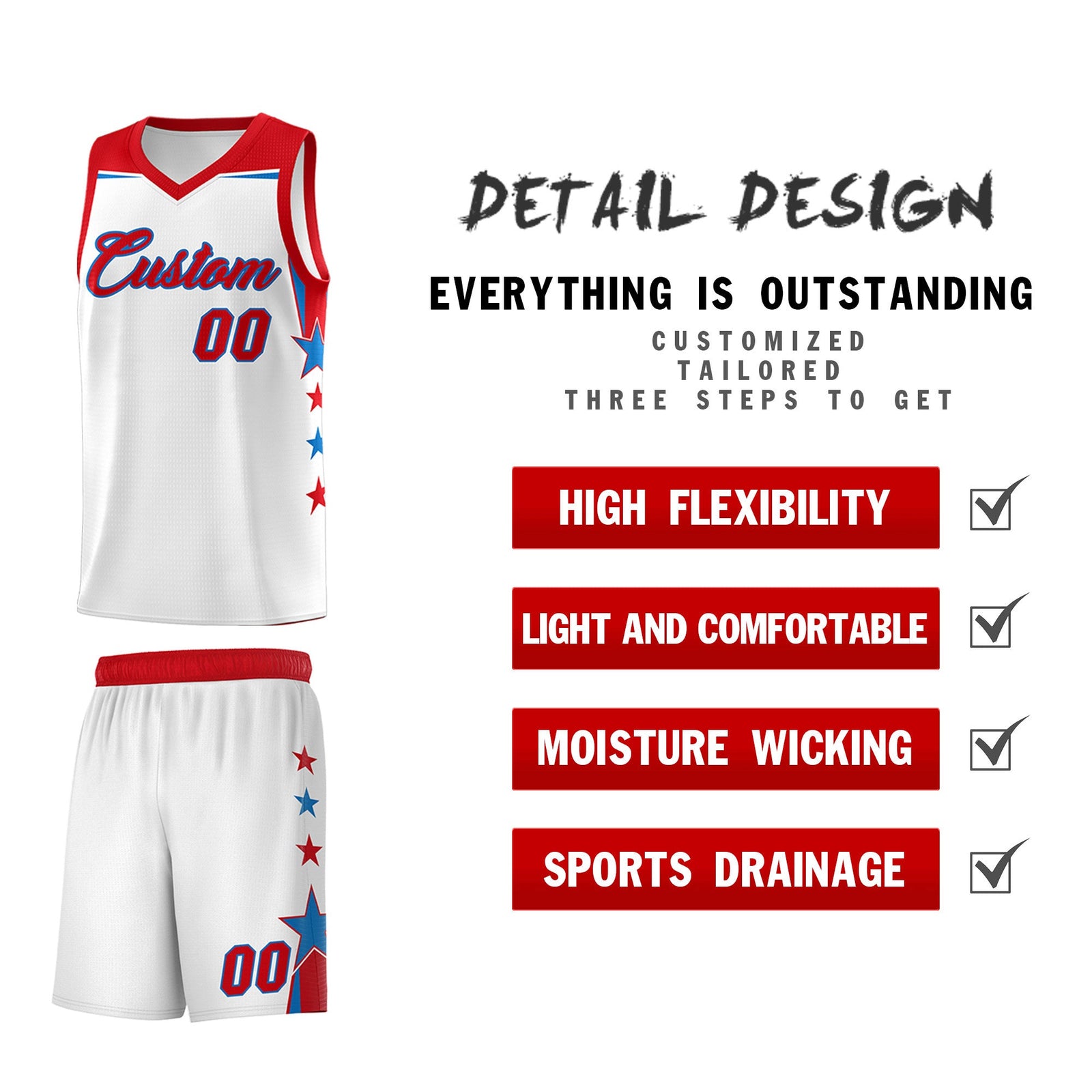Custom Youth Basketball Uniform White Red Two Tone Side Star Add Name Number & Logo