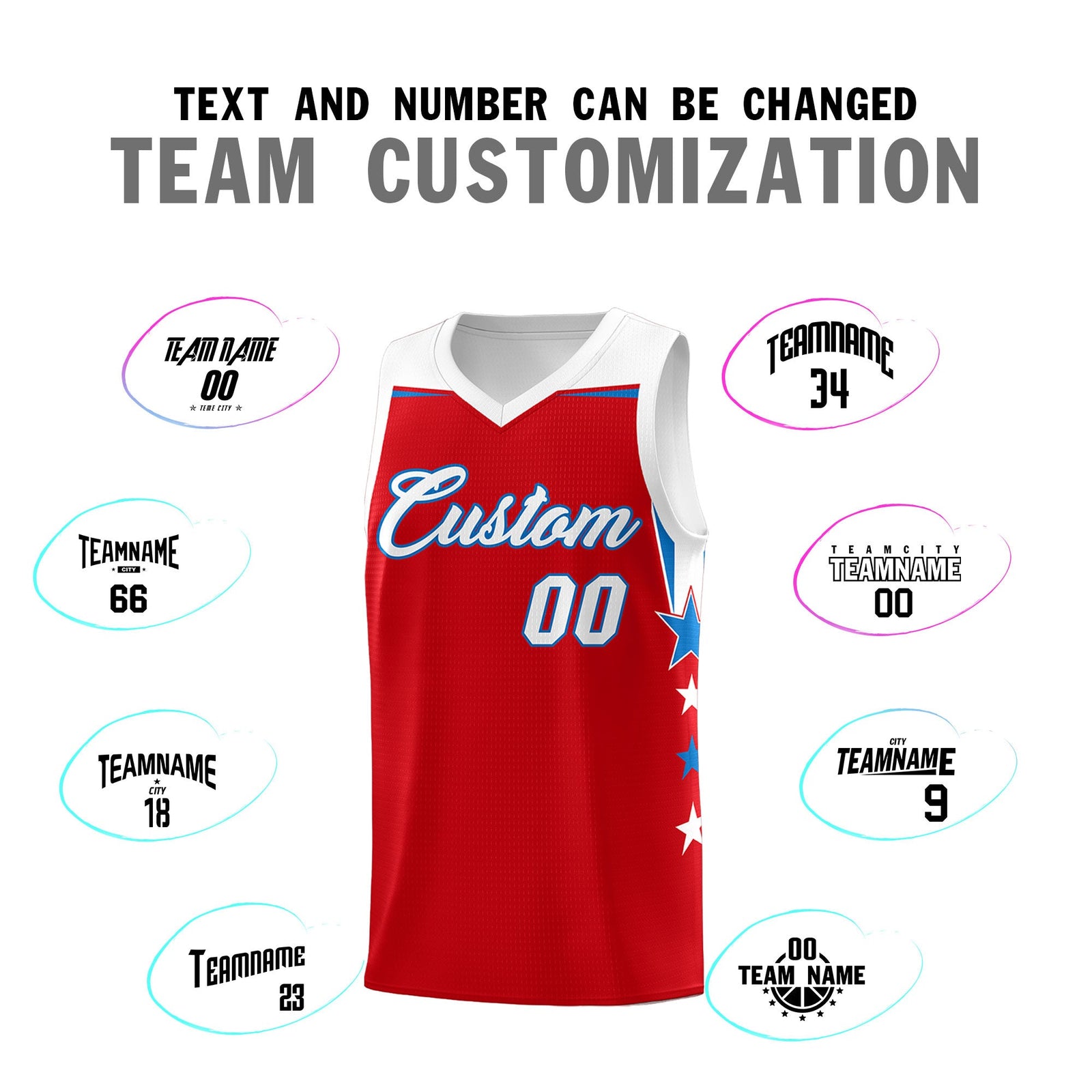 Custom Youth Basketball Uniform Red White Two Tone Side Star Personalized Team Jersey