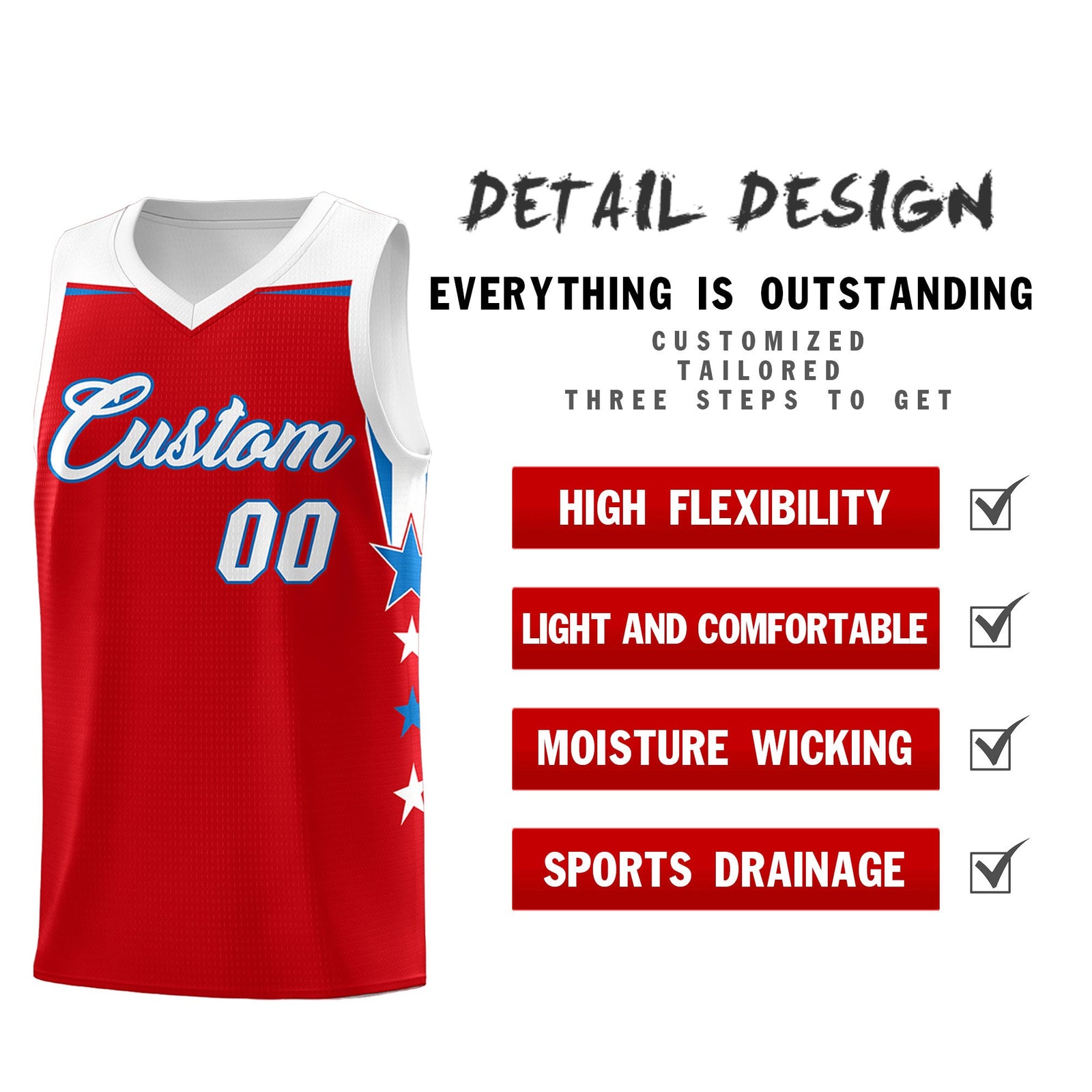 Custom Youth Basketball Uniform Red White Two Tone Side Star Personalized Team Jersey