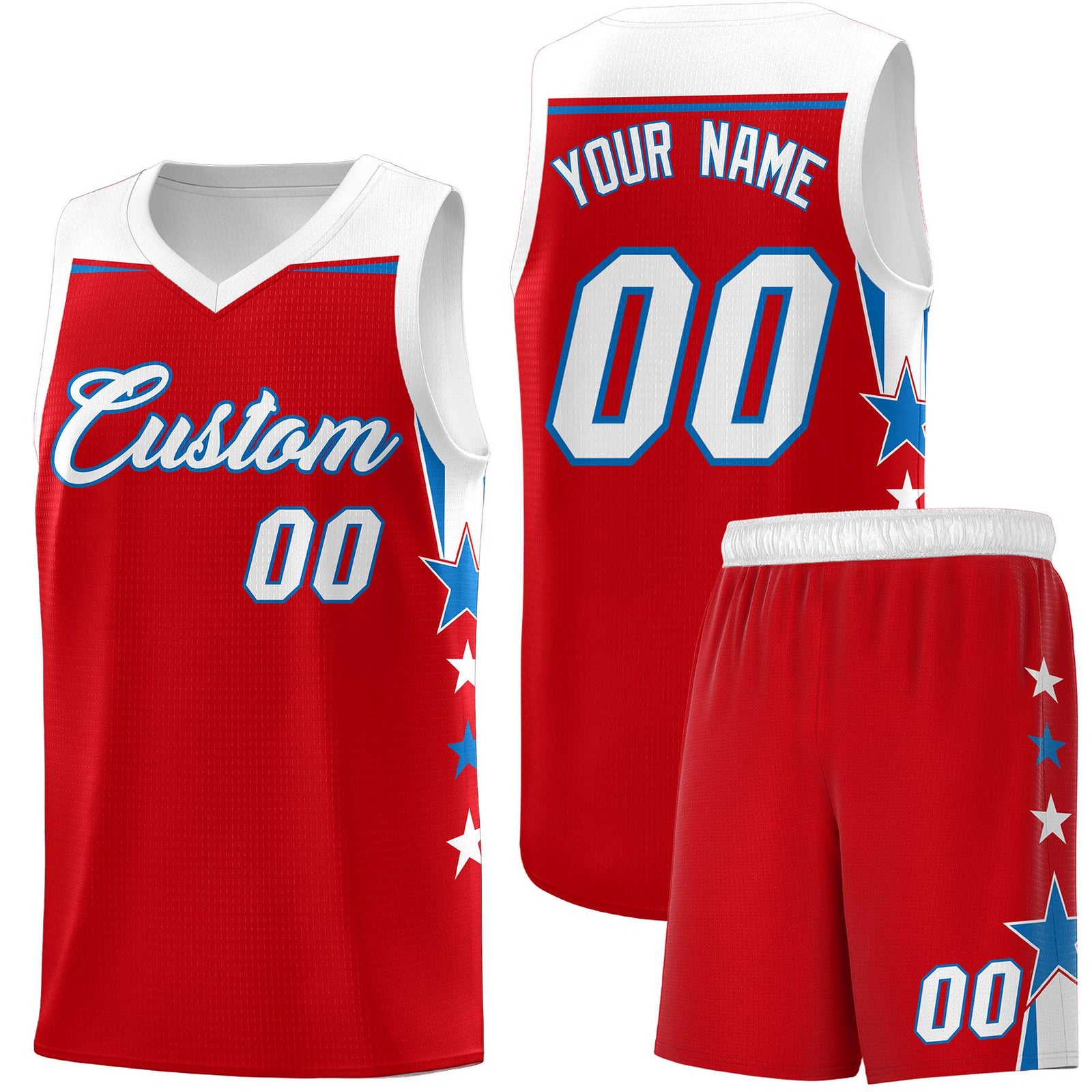 Custom Youth Basketball Uniform Red White Two Tone Side Star Personalized Team Jersey