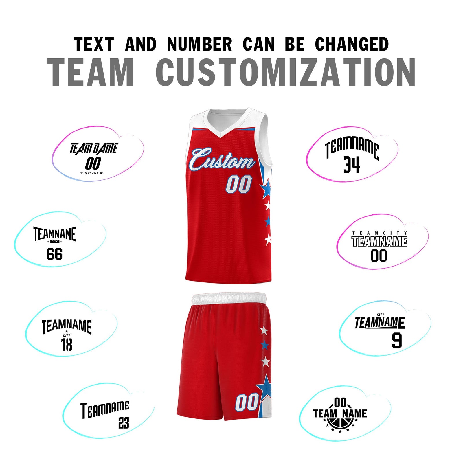 Custom Youth Basketball Uniform Red White Two Tone Side Star Personalized Team Jersey
