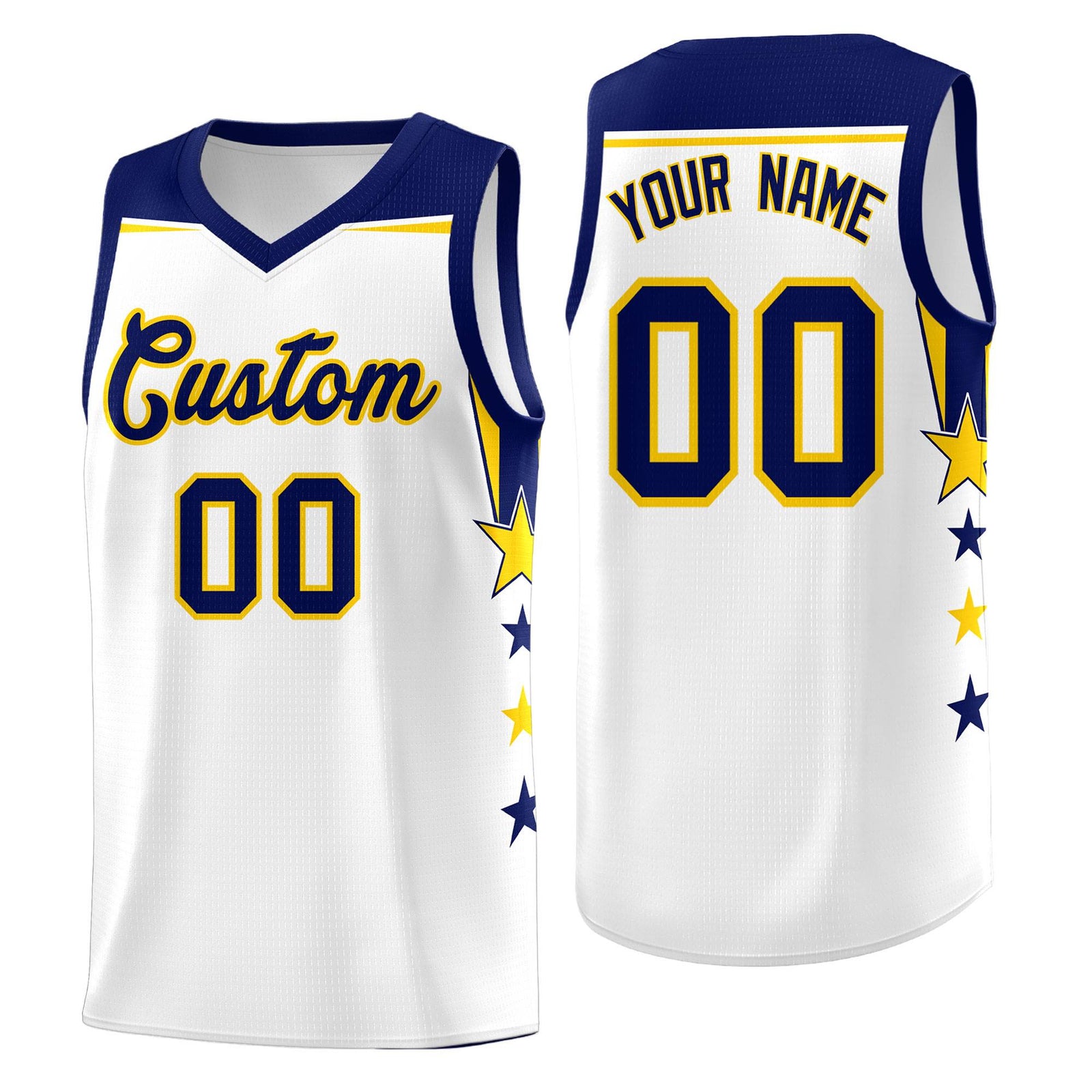Custom Youth Basketball Uniform White Navy Two Tone Side Star Personalized Team Jersey