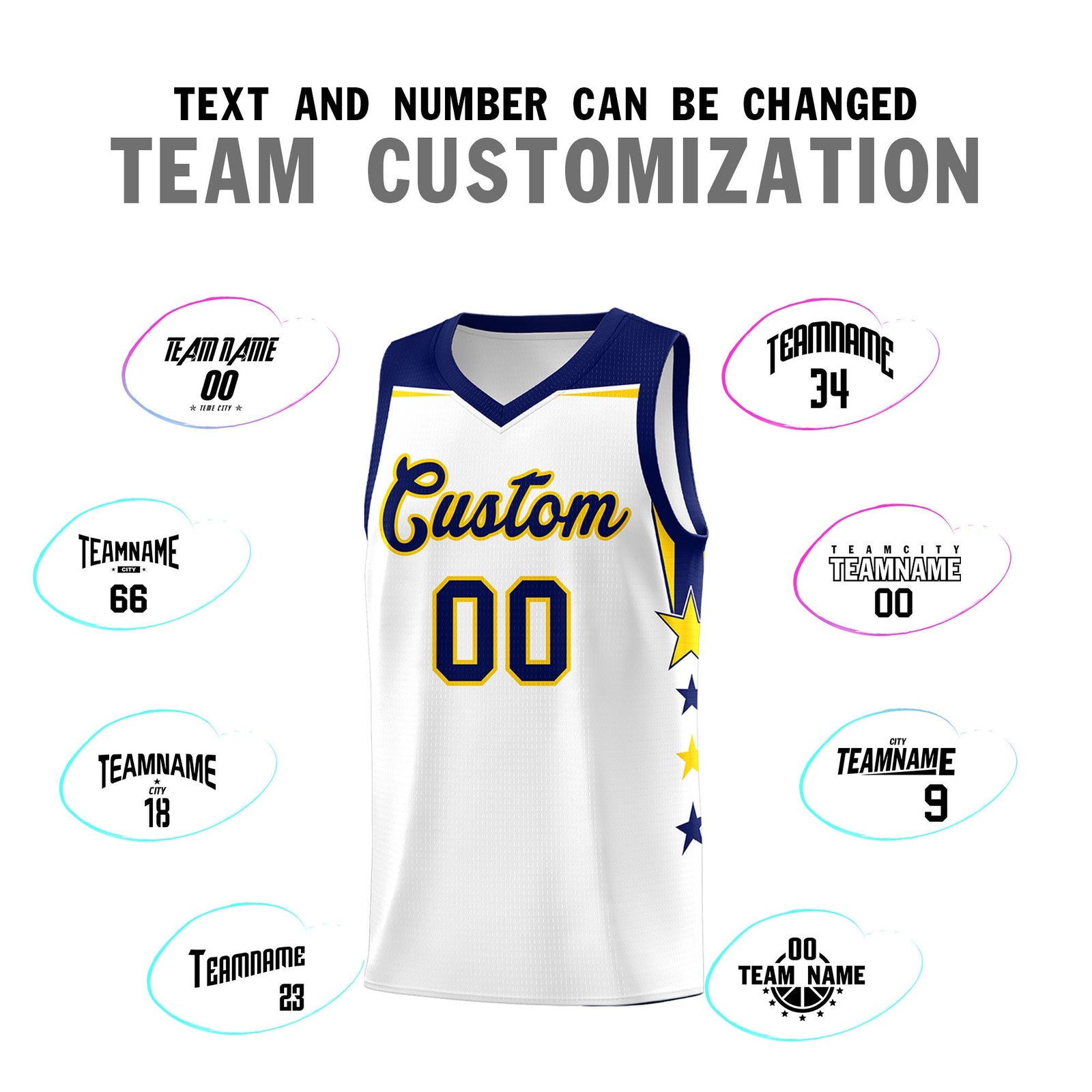 Custom Youth Basketball Uniform White Navy Two Tone Side Star Personalized Team Jersey