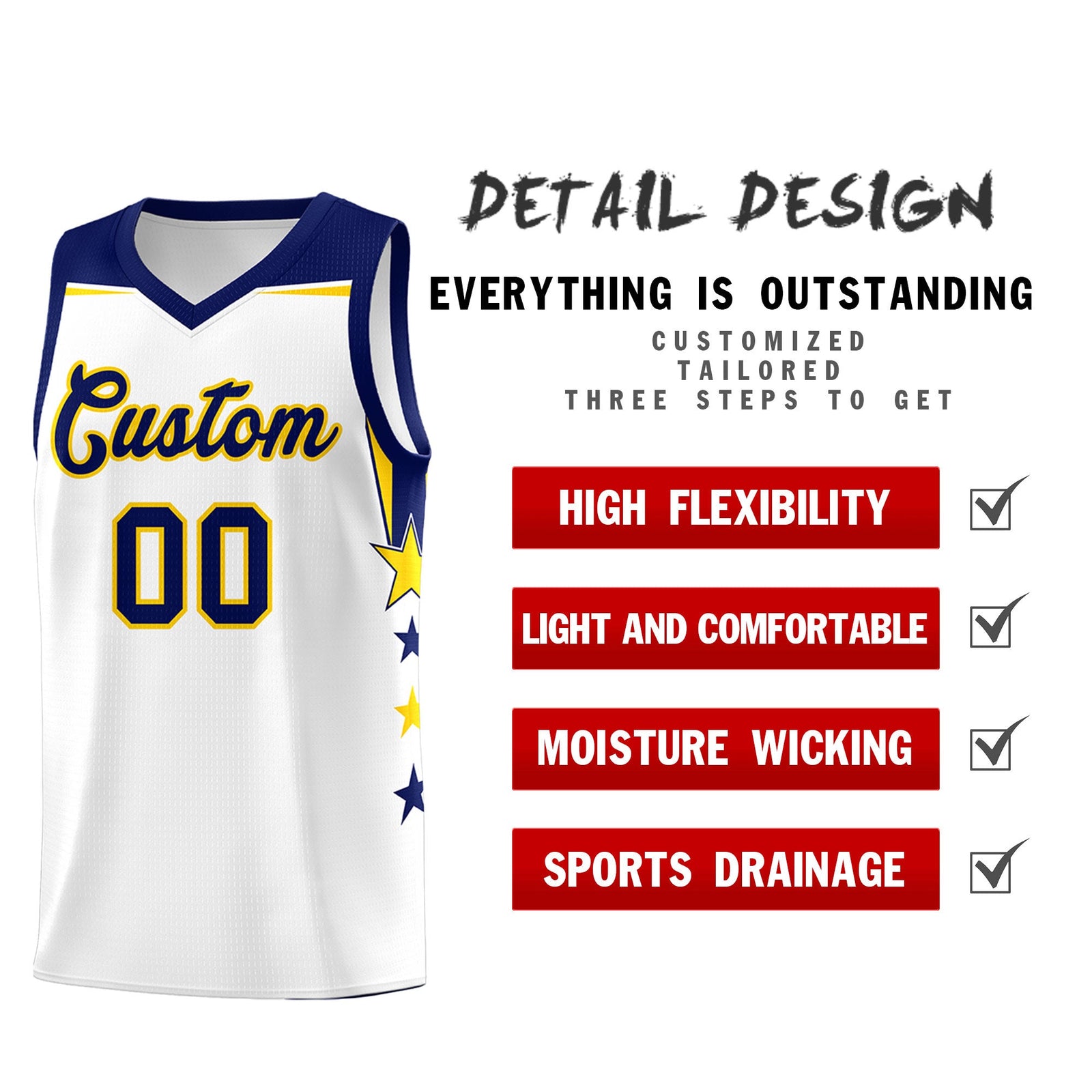Custom Youth Basketball Uniform White Navy Two Tone Side Star Personalized Team Jersey