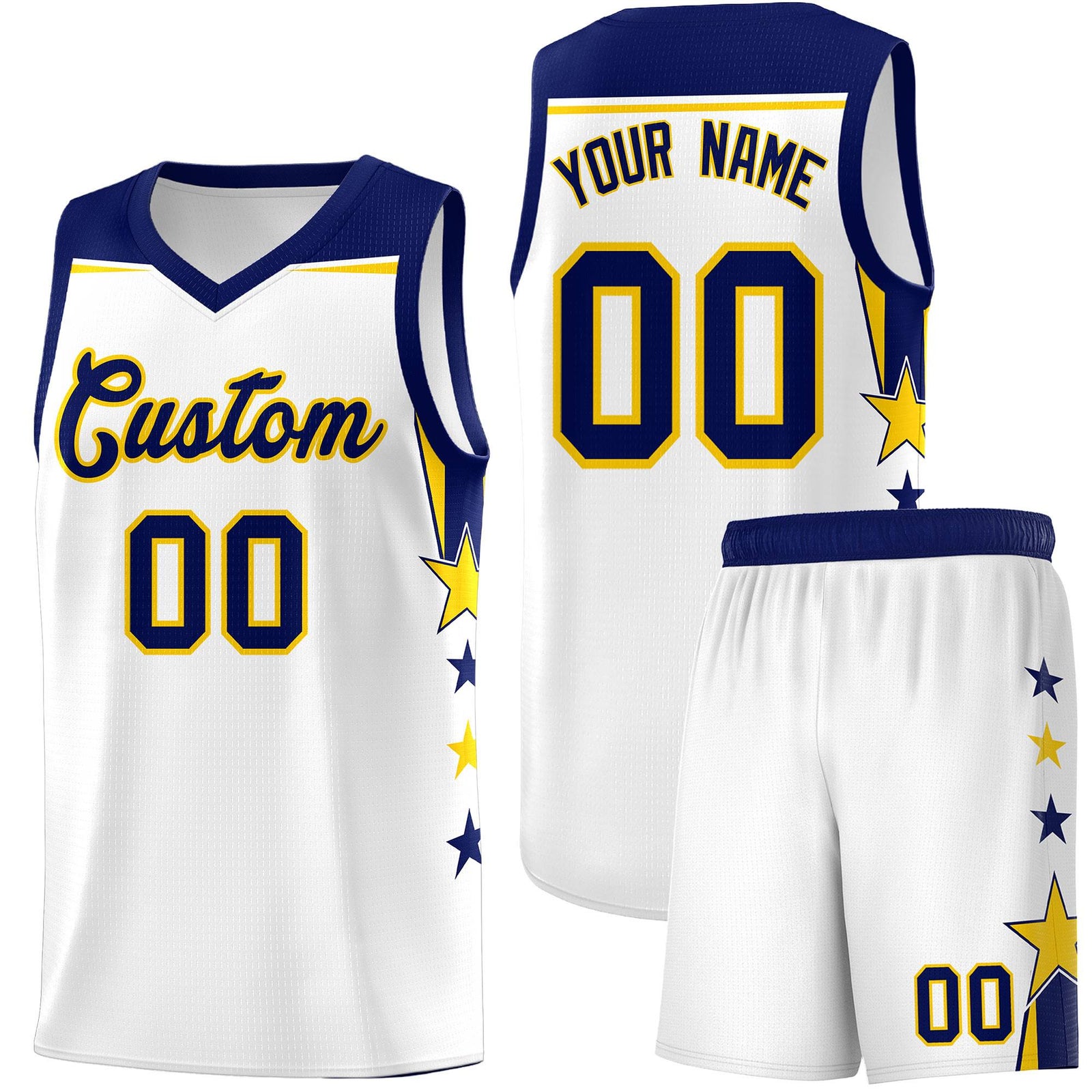Custom Youth Basketball Uniform White Navy Two Tone Side Star Personalized Team Jersey