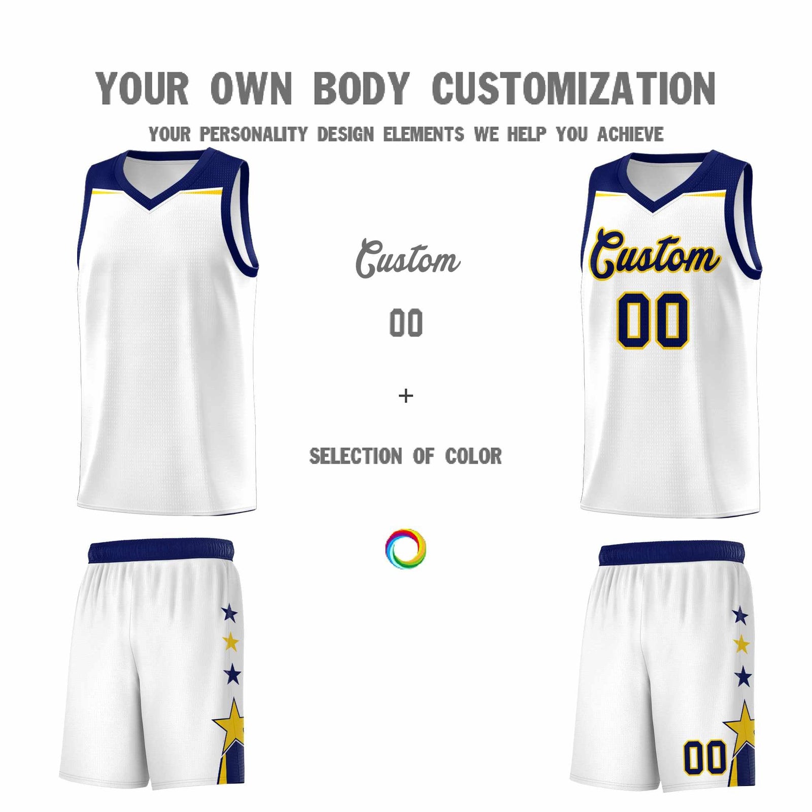 Custom Youth Basketball Uniform White Navy Two Tone Side Star Personalized Team Jersey