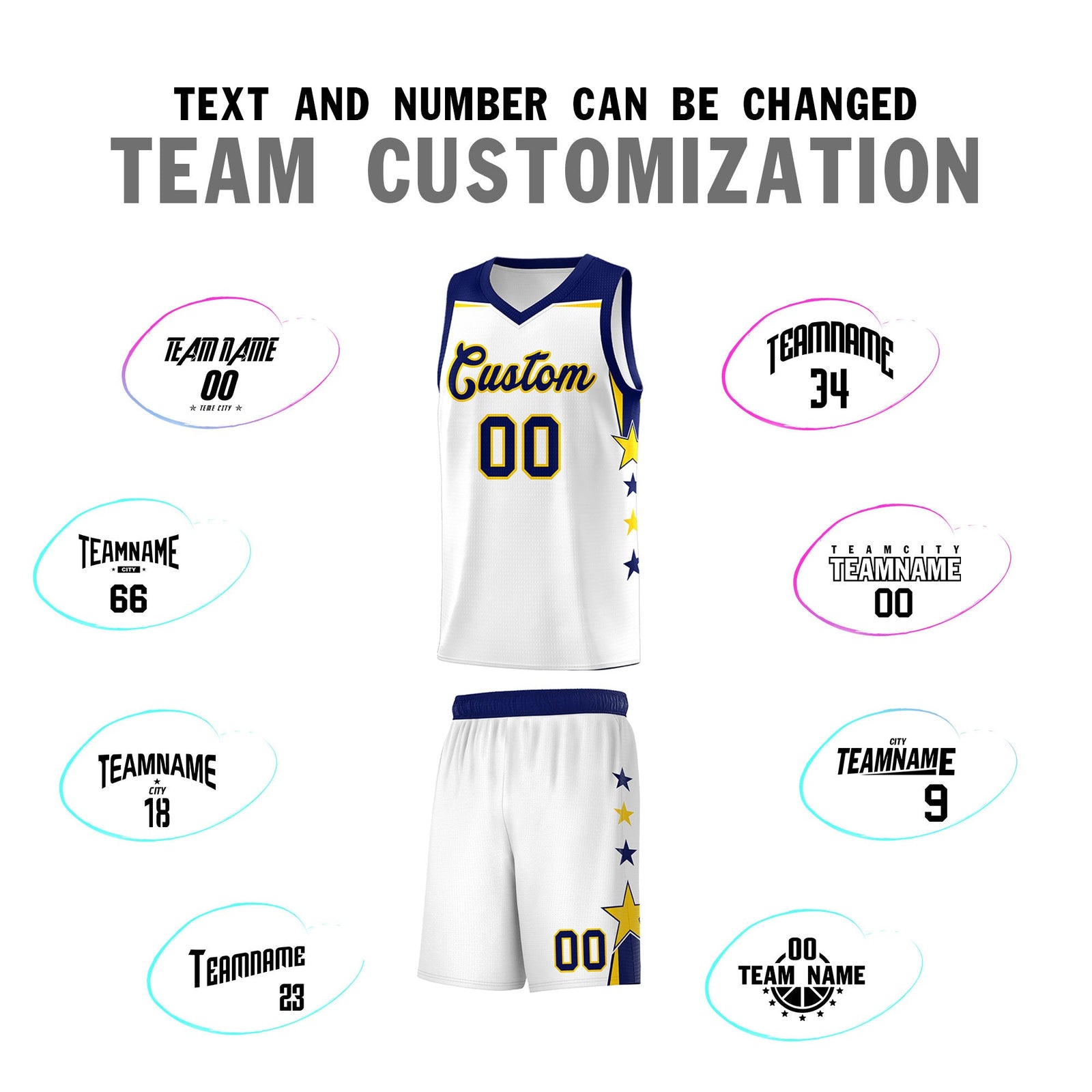 Custom Youth Basketball Uniform White Navy Two Tone Side Star Personalized Team Jersey