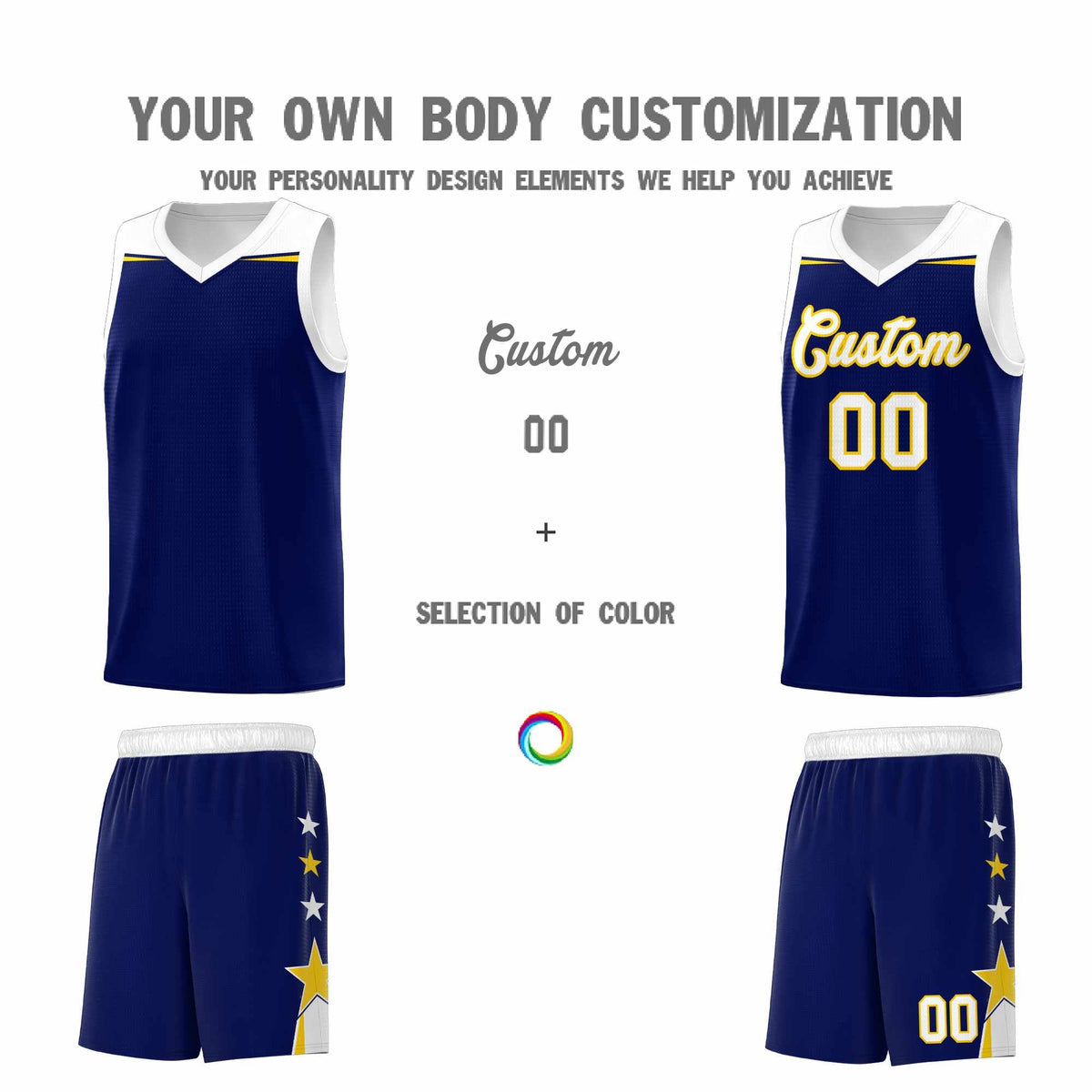 Custom Youth Basketball Uniform Navy White Two Tone Side Star Add Name Number &amp; Logo
