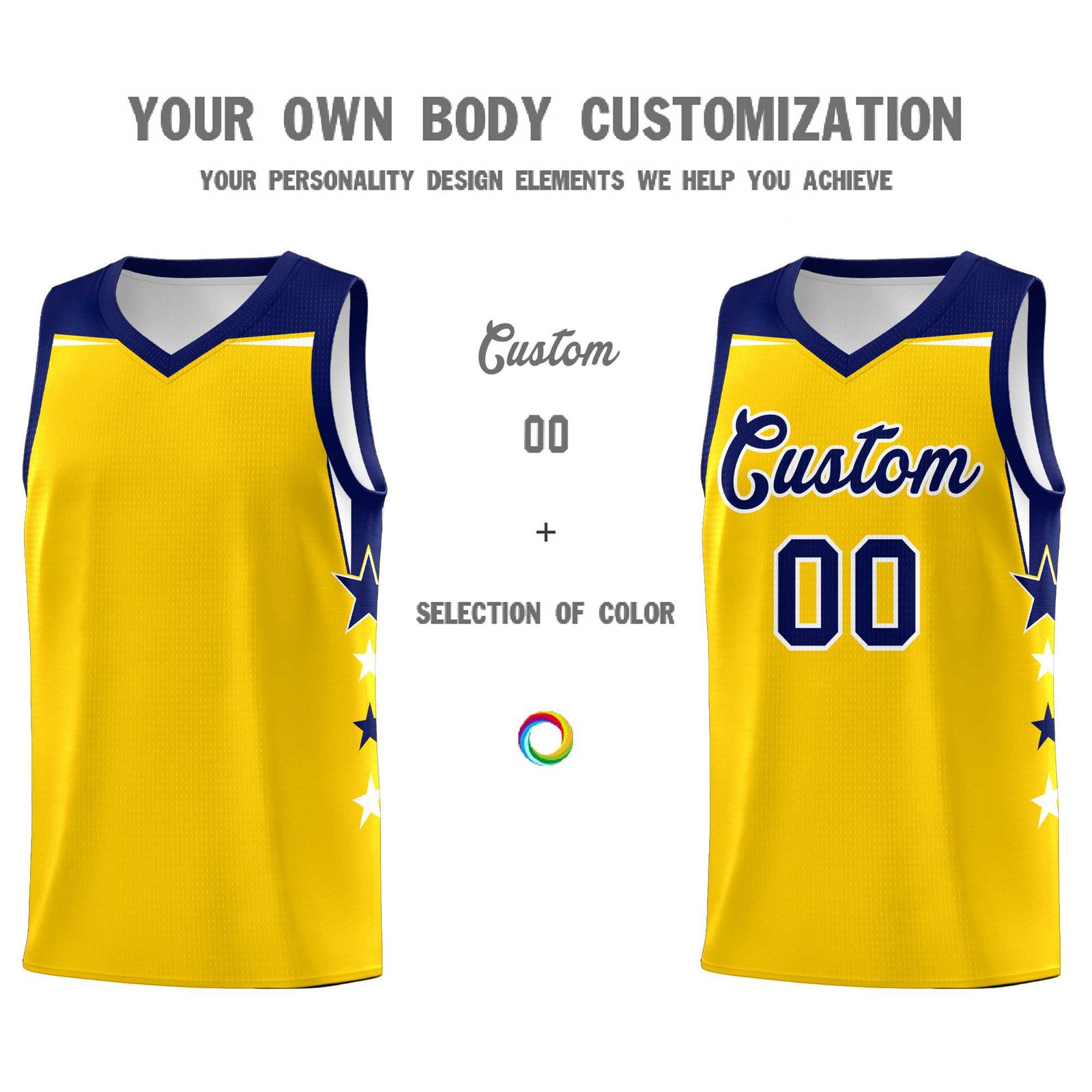 Custom Youth Basketball Uniform Gold Navy Two Tone Side Star Personalized Team Jersey