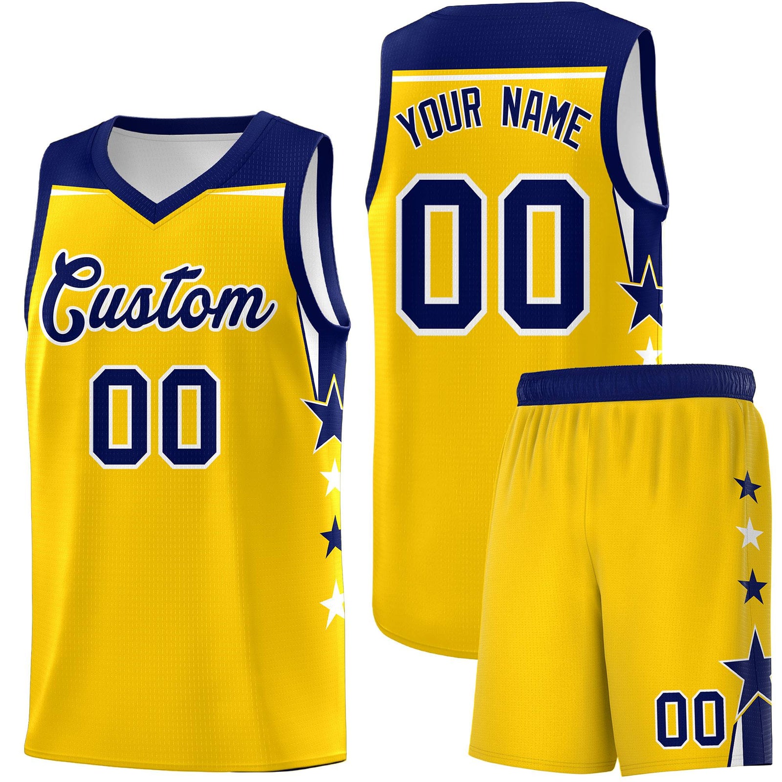 Custom Youth Basketball Uniform Gold Navy Two Tone Side Star Personalized Team Jersey