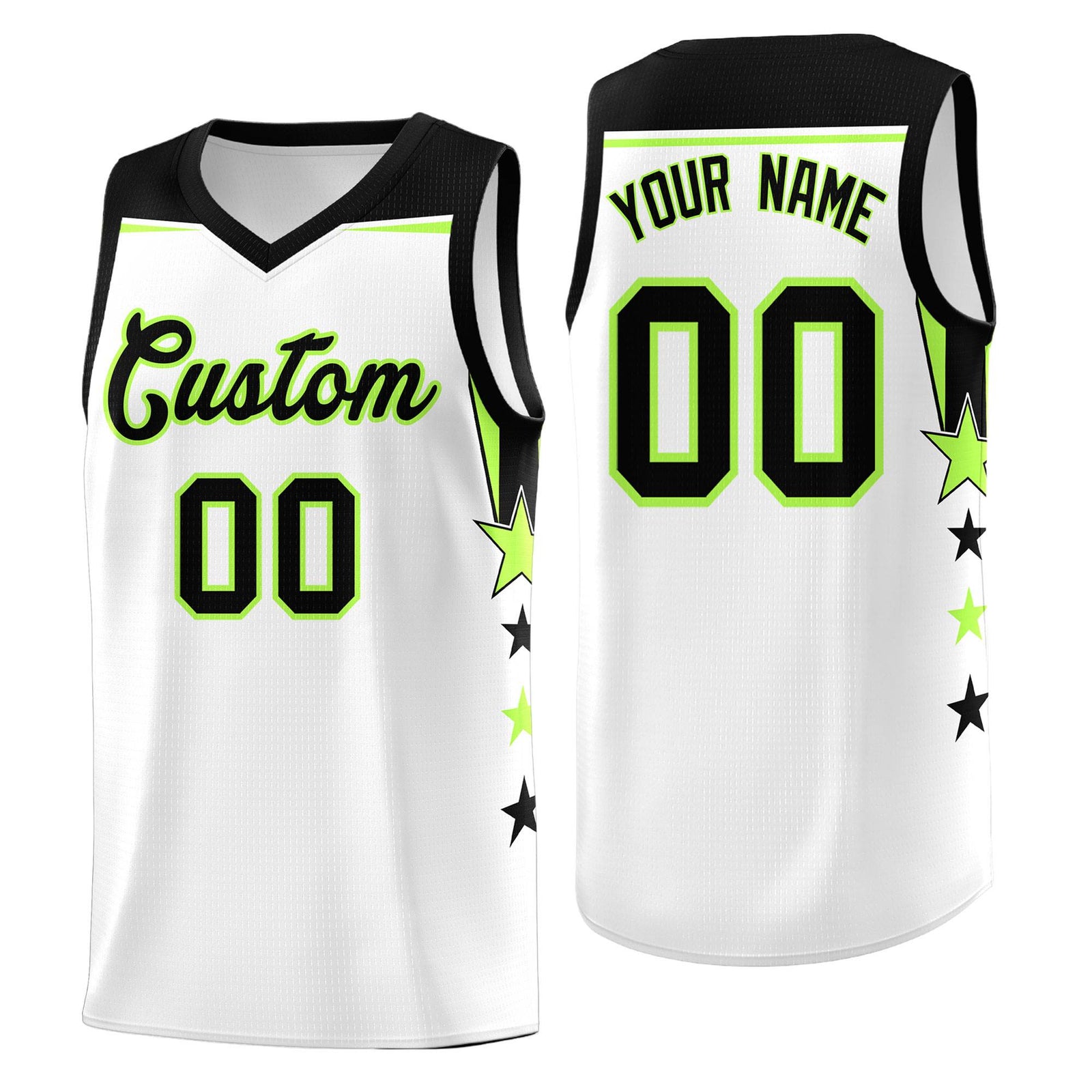 Custom Youth Basketball Uniform White Black Two Tone Side Star Add Name Number & Logo