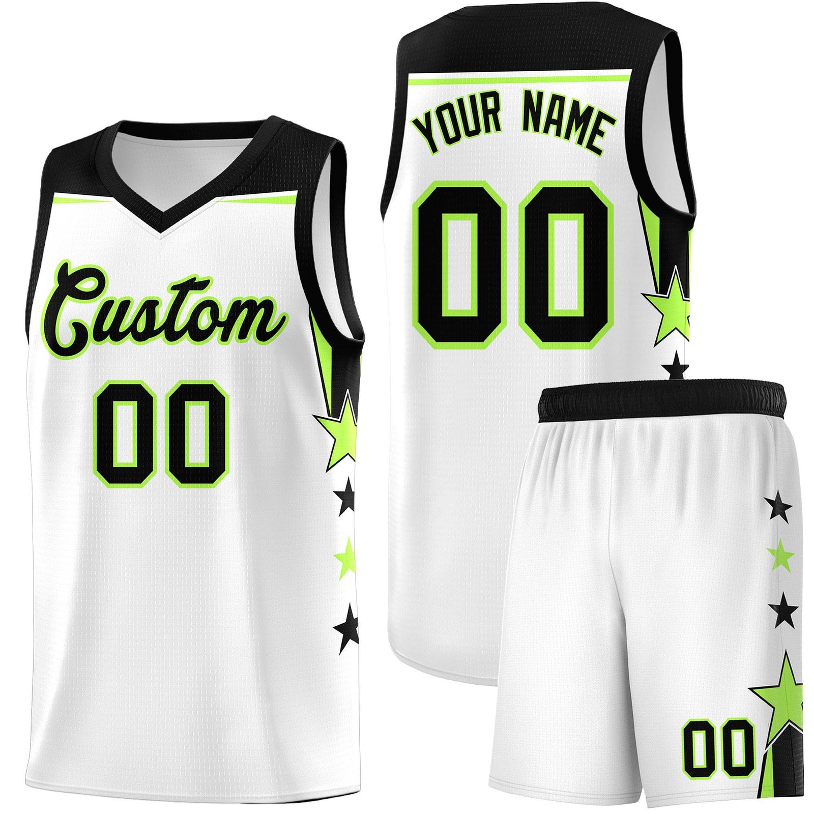 Custom Youth Basketball Uniform White Black Two Tone Side Star Add Name Number & Logo
