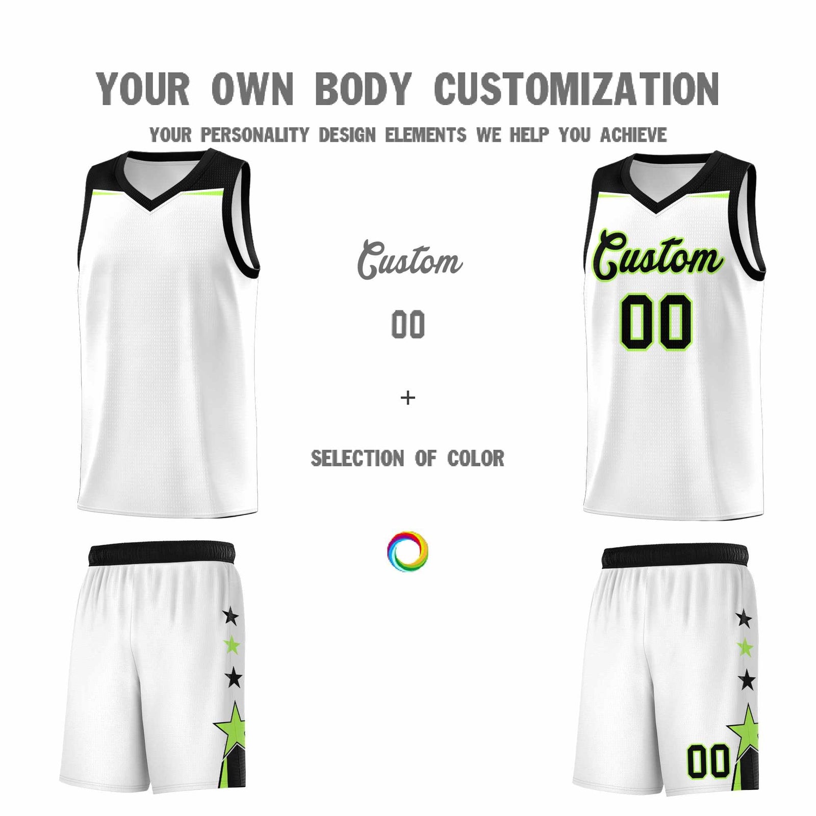 Custom Youth Basketball Uniform White Black Two Tone Side Star Add Name Number & Logo