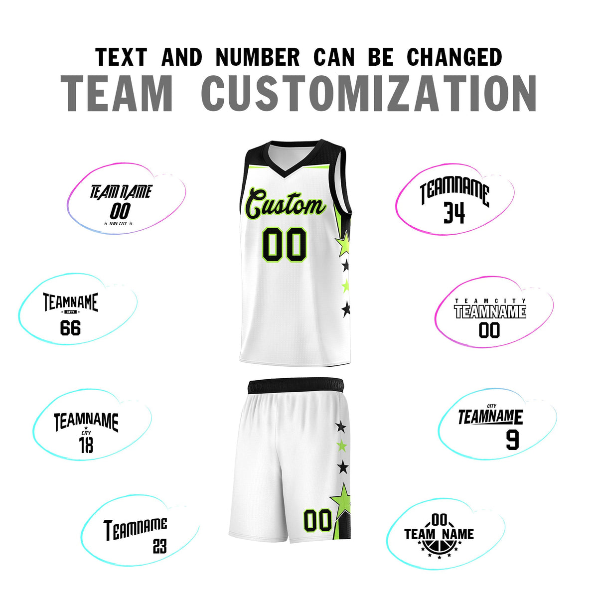 Custom Youth Basketball Uniform White Black Two Tone Side Star Add Name Number &amp; Logo
