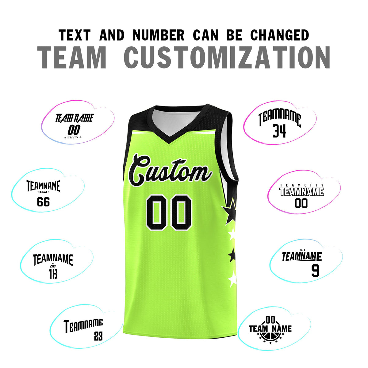 Custom Youth Basketball Uniform Fluorescent Green Black Two Tone Side Star Add Name Number &amp; Logo