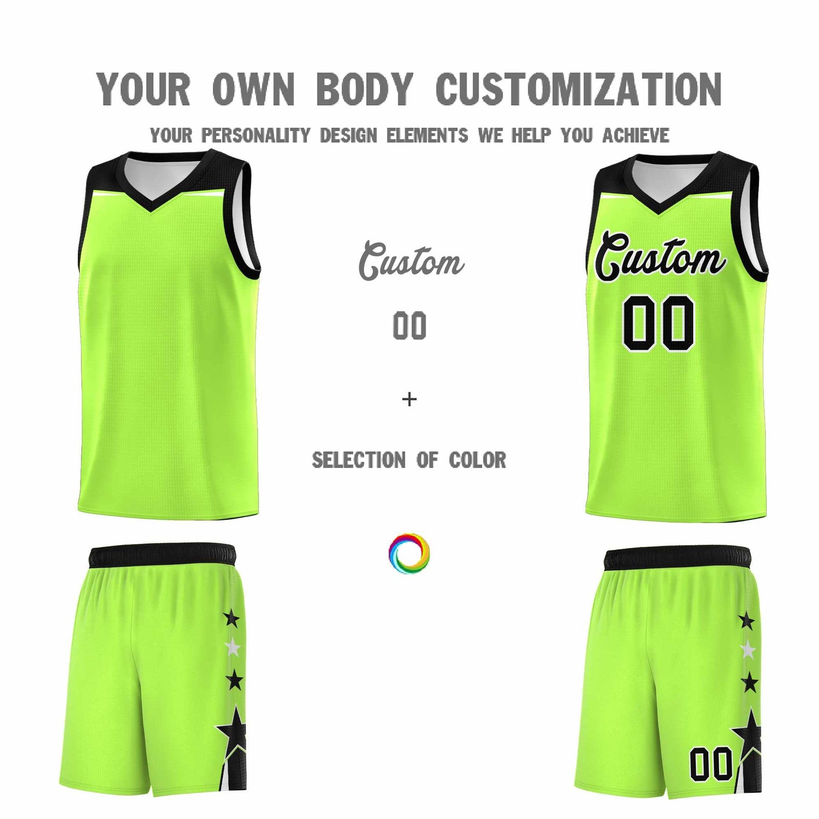 Custom Youth Basketball Uniform Fluorescent Green Black Two Tone Side Star Add Name Number & Logo