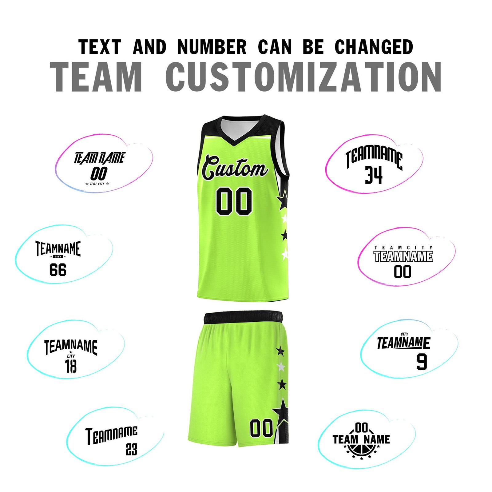 Custom Youth Basketball Uniform Fluorescent Green Black Two Tone Side Star Add Name Number & Logo