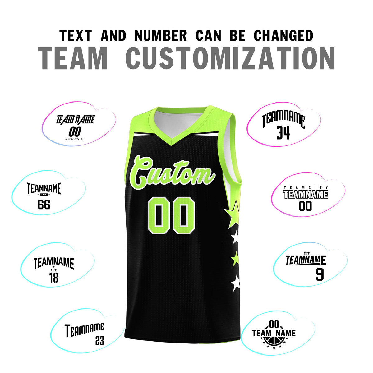 Custom Youth Basketball Uniform Black Fluorescent Green Two Tone Side Star Personalized Team Jersey