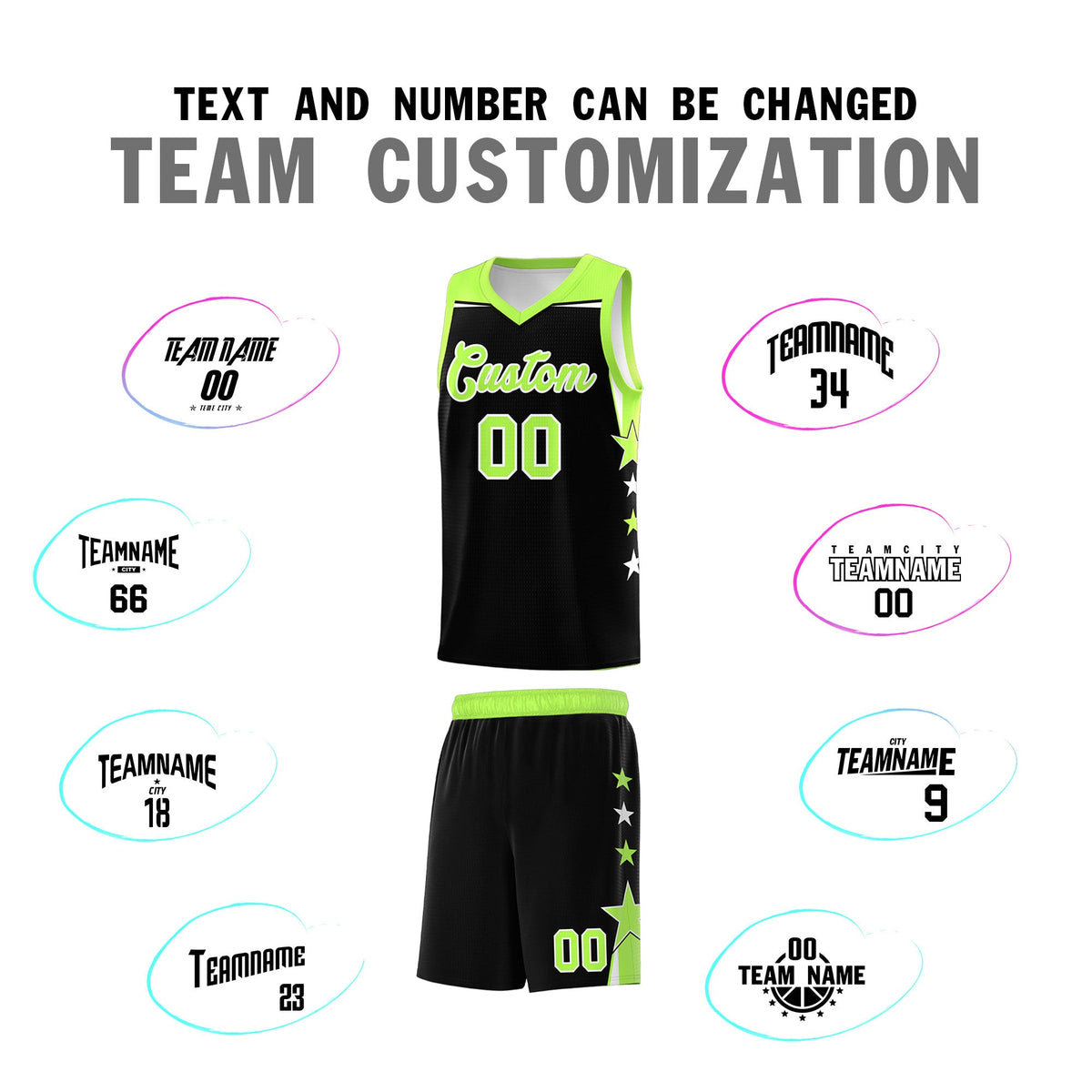 Custom Youth Basketball Uniform Black Fluorescent Green Two Tone Side Star Personalized Team Jersey