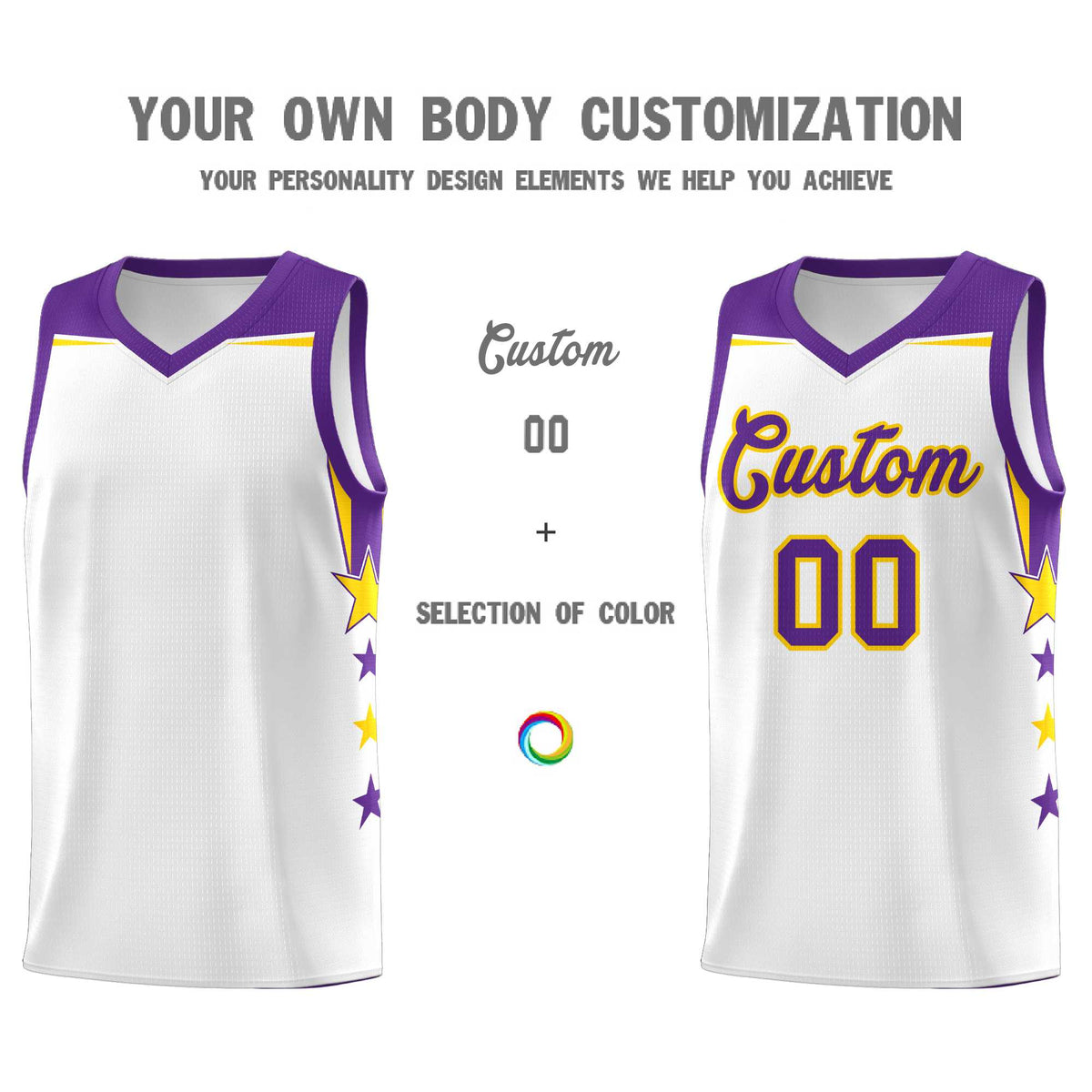 Custom Youth Basketball Uniform White Purple Two Tone Side Star Color Block Team Jersey