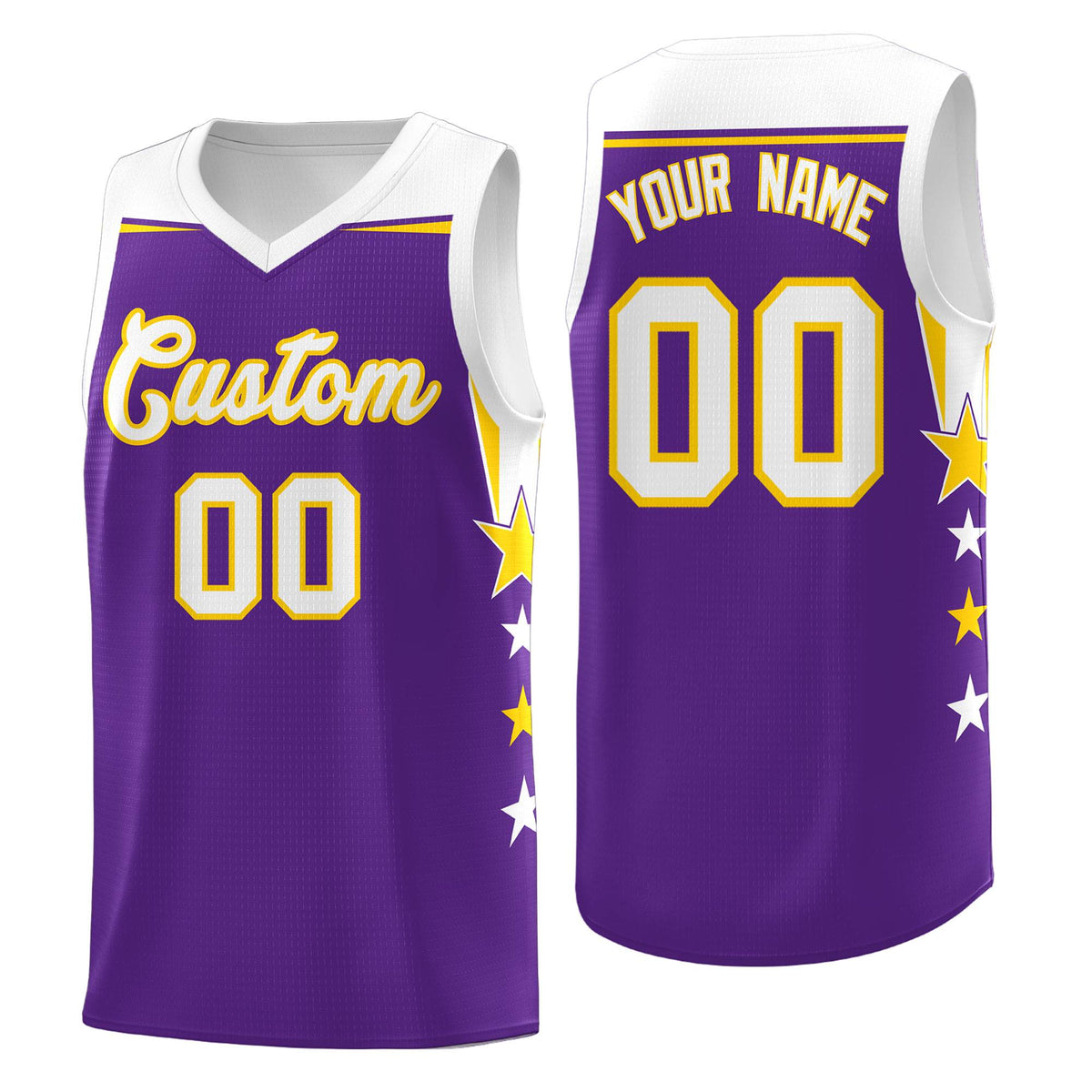 Custom Youth Basketball Uniform Purple White Two Tone Side Star Add Name Number &amp; Logo