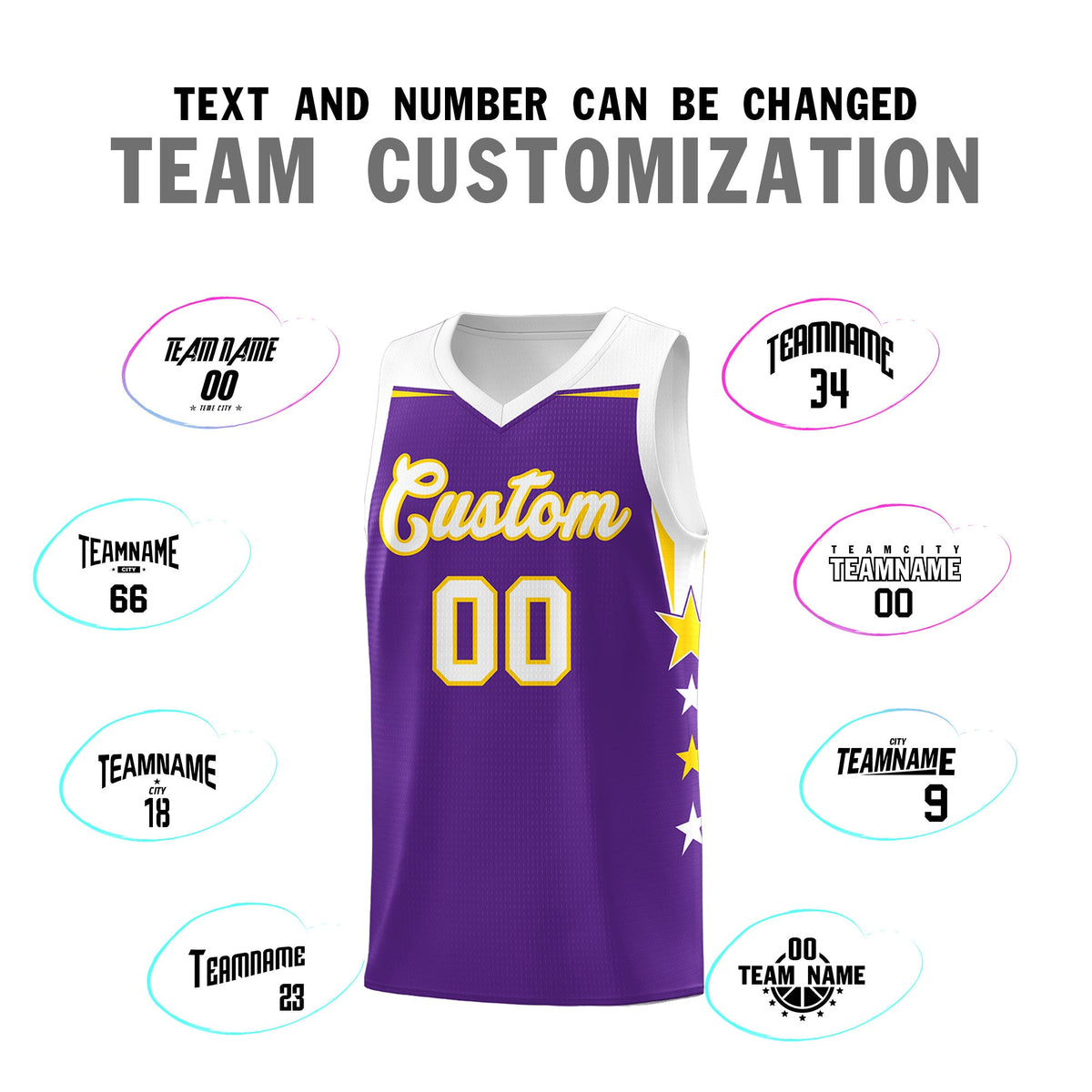 Custom Youth Basketball Uniform Purple White Two Tone Side Star Add Name Number &amp; Logo