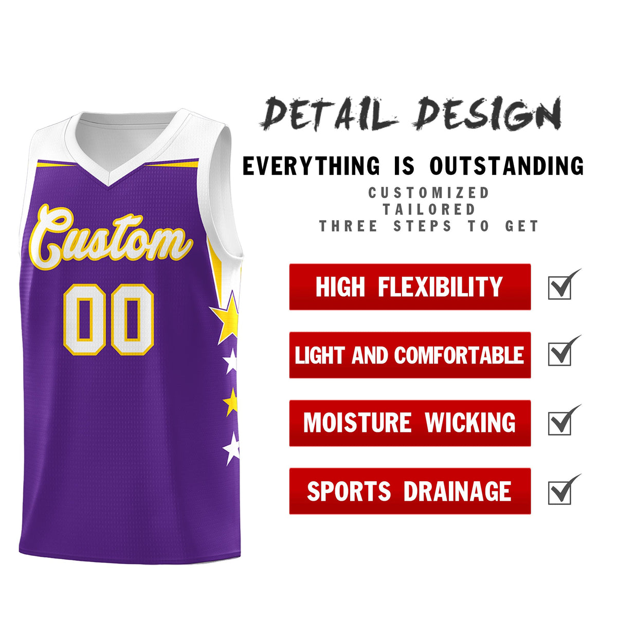 Custom Youth Basketball Uniform Purple White Two Tone Side Star Add Name Number &amp; Logo