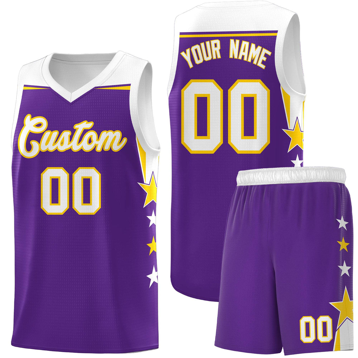 Custom Youth Basketball Uniform Purple White Two Tone Side Star Add Name Number &amp; Logo