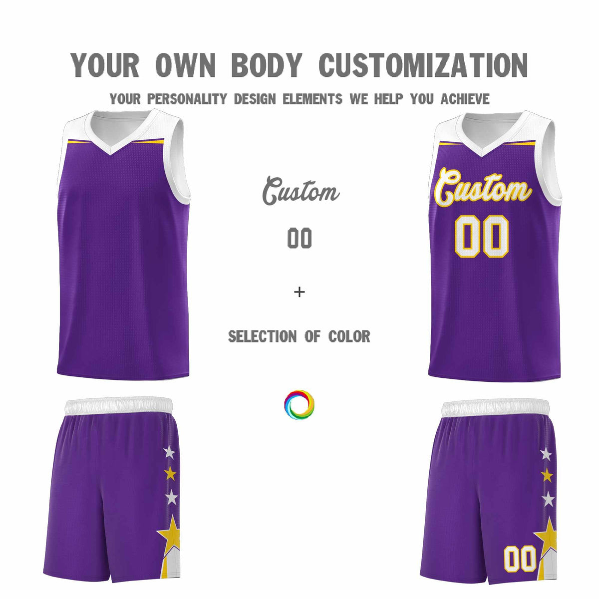 Custom Youth Basketball Uniform Purple White Two Tone Side Star Add Name Number &amp; Logo
