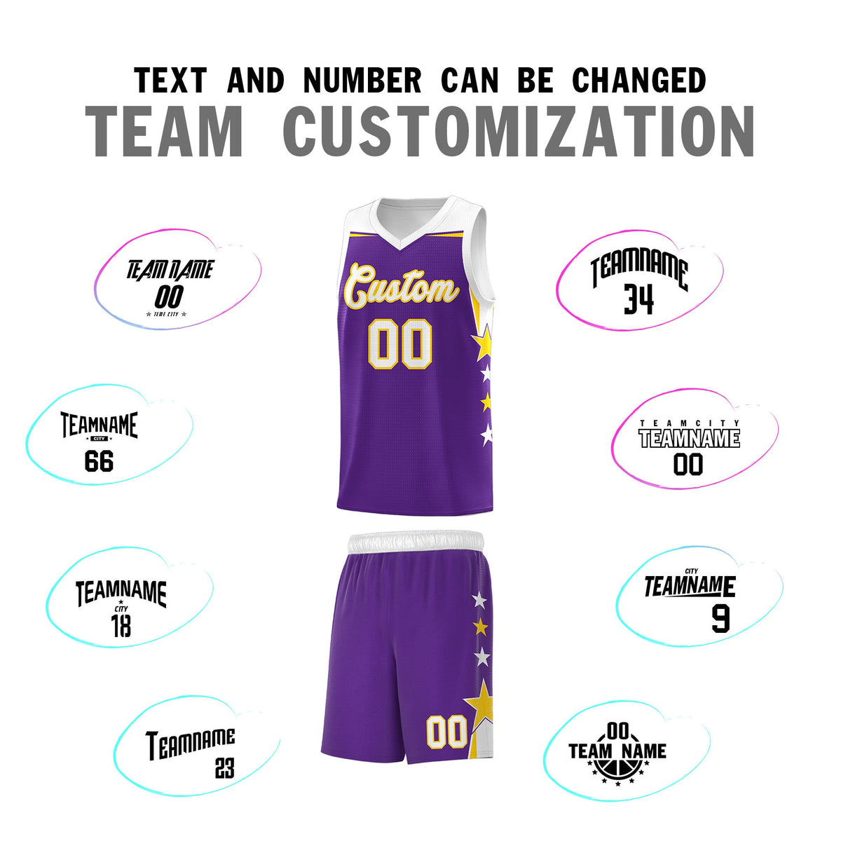 Custom Youth Basketball Uniform Purple White Two Tone Side Star Add Name Number &amp; Logo