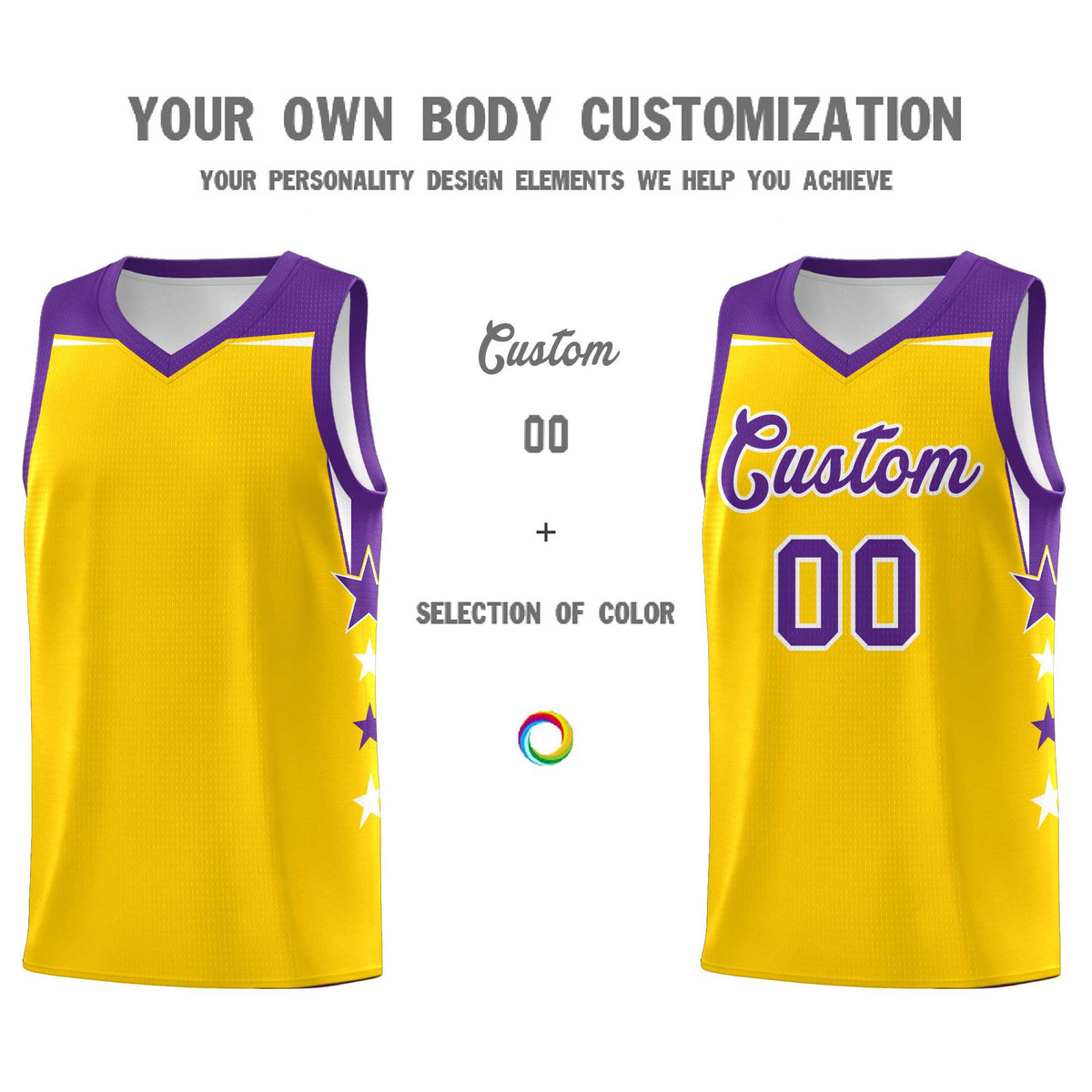 Custom Youth Basketball Uniform Gold Purple Two Tone Side Star Personalized Team Jersey