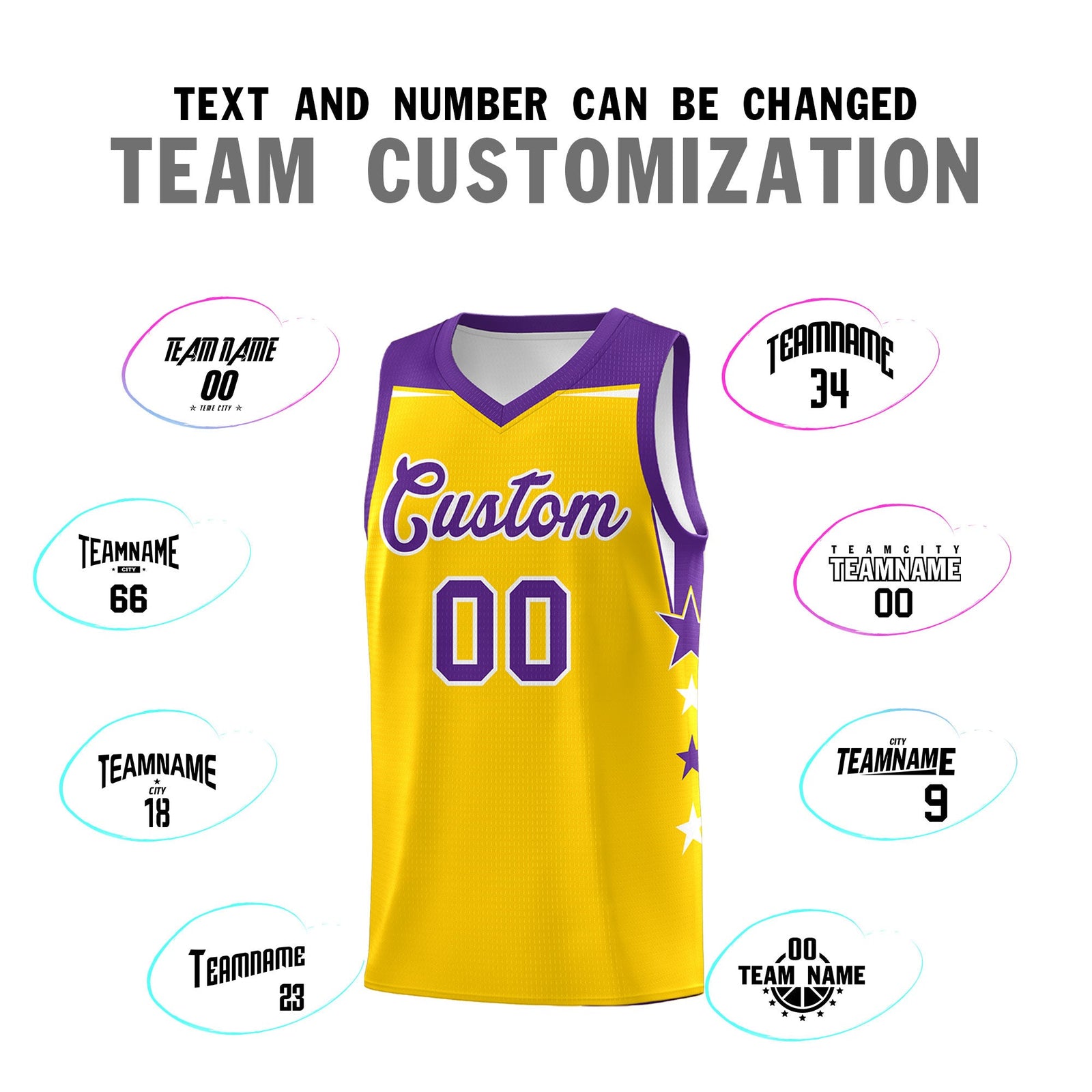 Custom Youth Basketball Uniform Gold Purple Two Tone Side Star Personalized Team Jersey