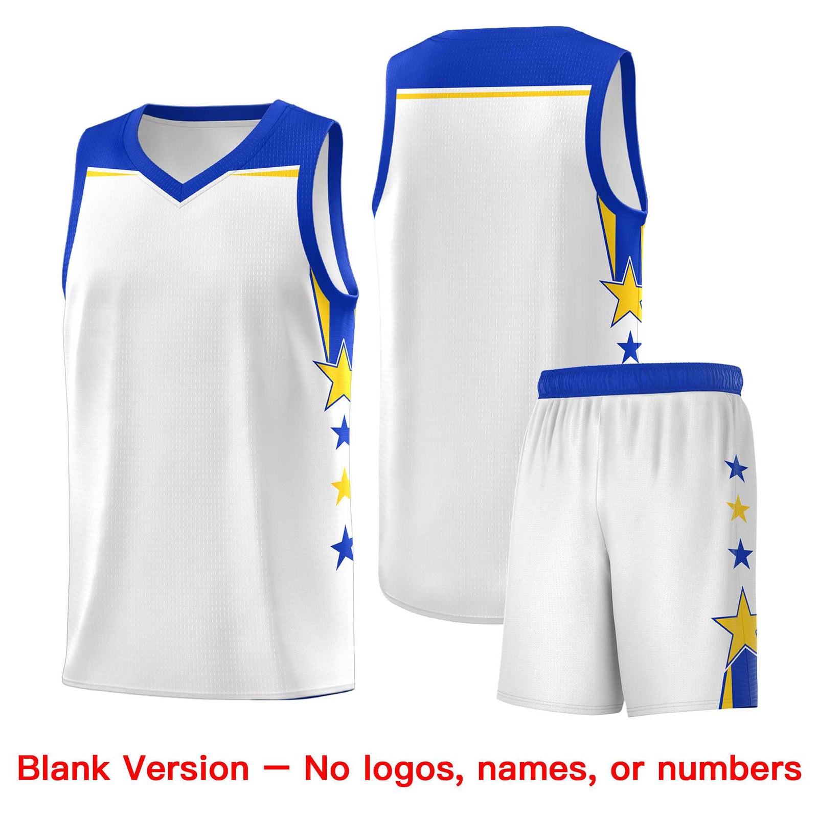 Custom Youth Basketball Uniform White Royal Two Tone Side Star Color Block Team Jersey