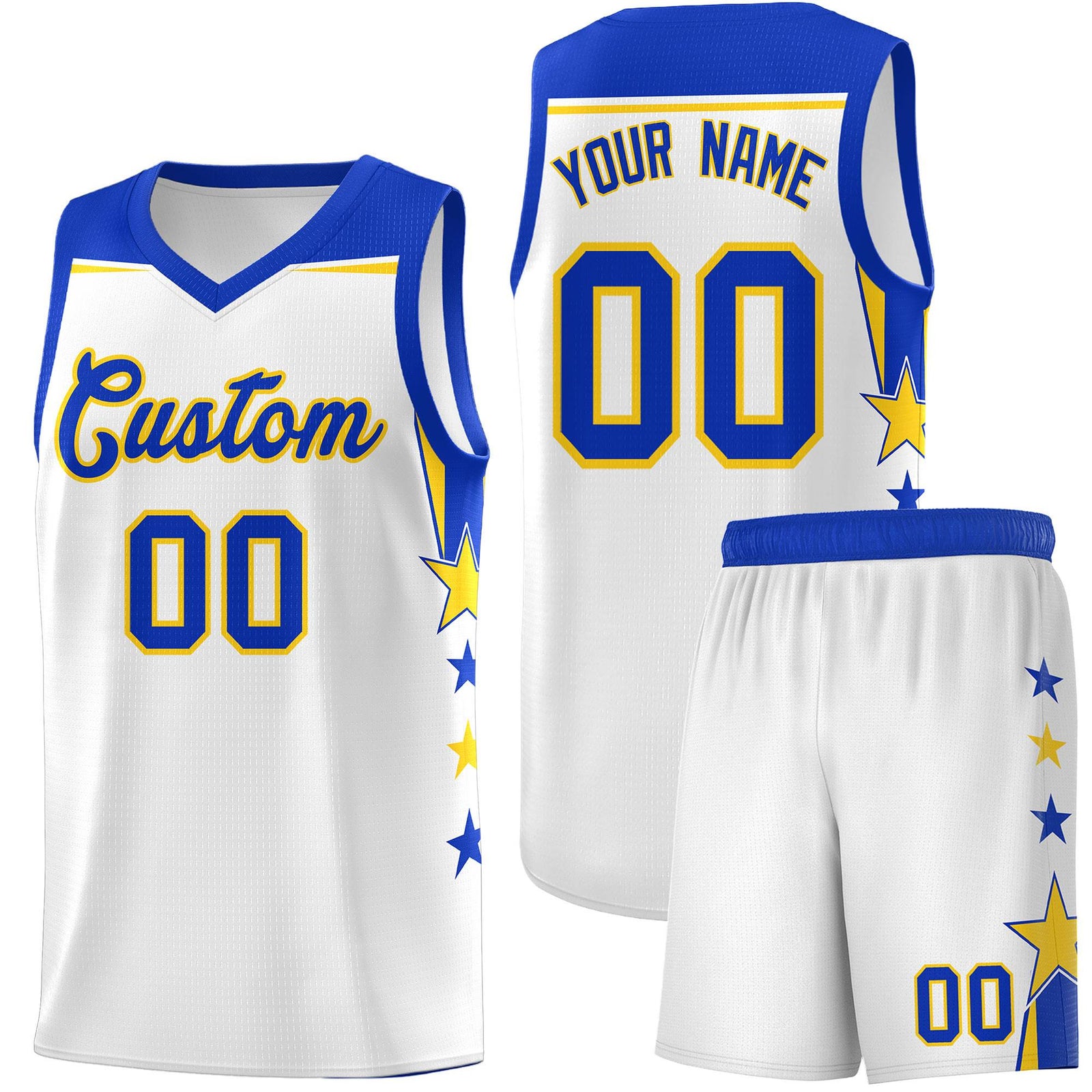 Custom Youth Basketball Uniform White Royal Two Tone Side Star Color Block Team Jersey