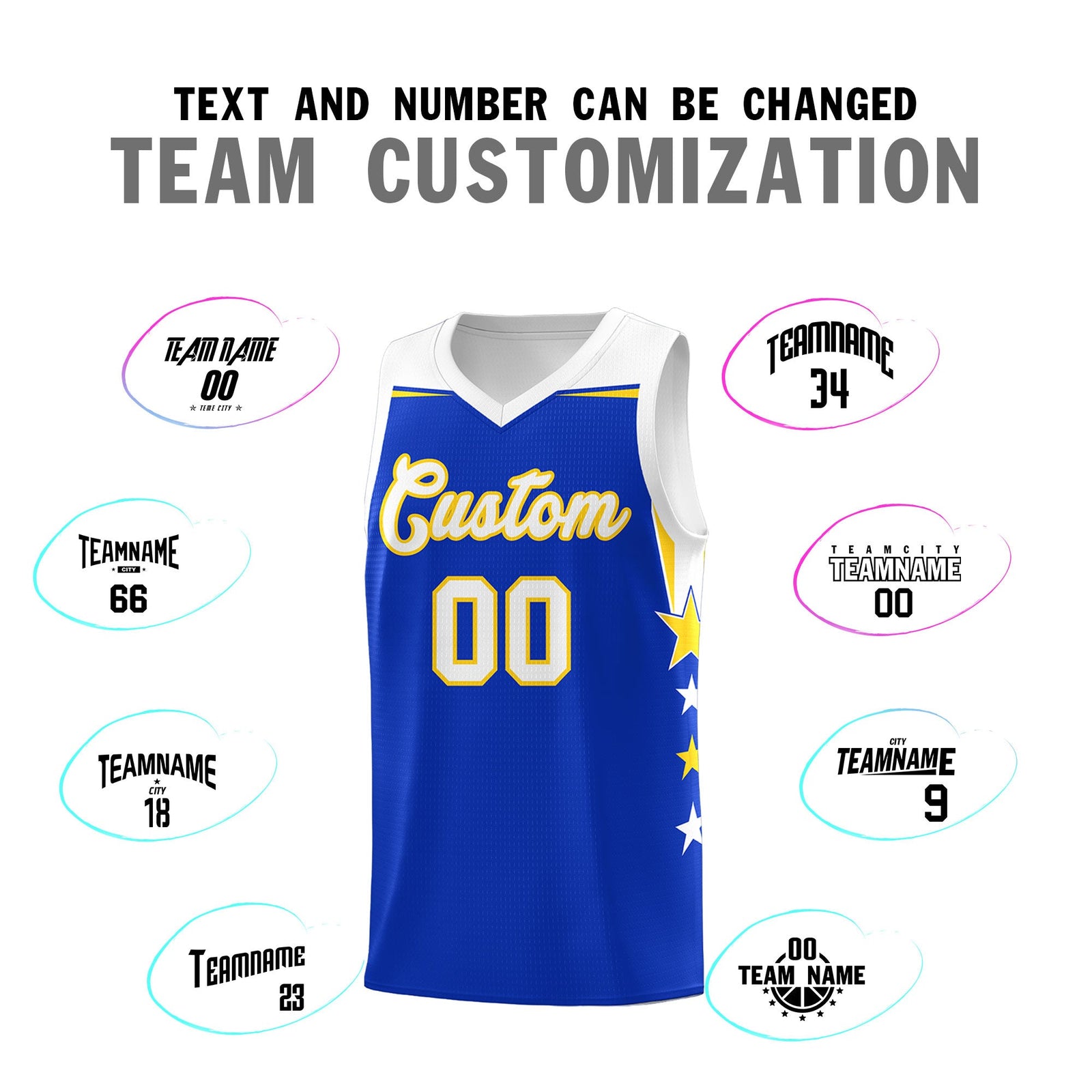Custom Youth Basketball Uniform Royal White Two Tone Side Star Add Name Number & Logo