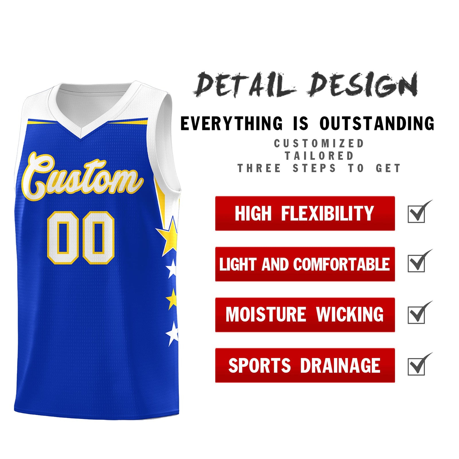 Custom Youth Basketball Uniform Royal White Two Tone Side Star Add Name Number & Logo