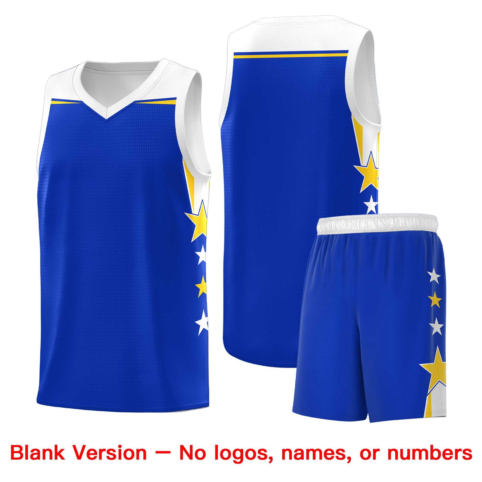 Custom Youth Basketball Uniform Royal White Two Tone Side Star Add Name Number & Logo