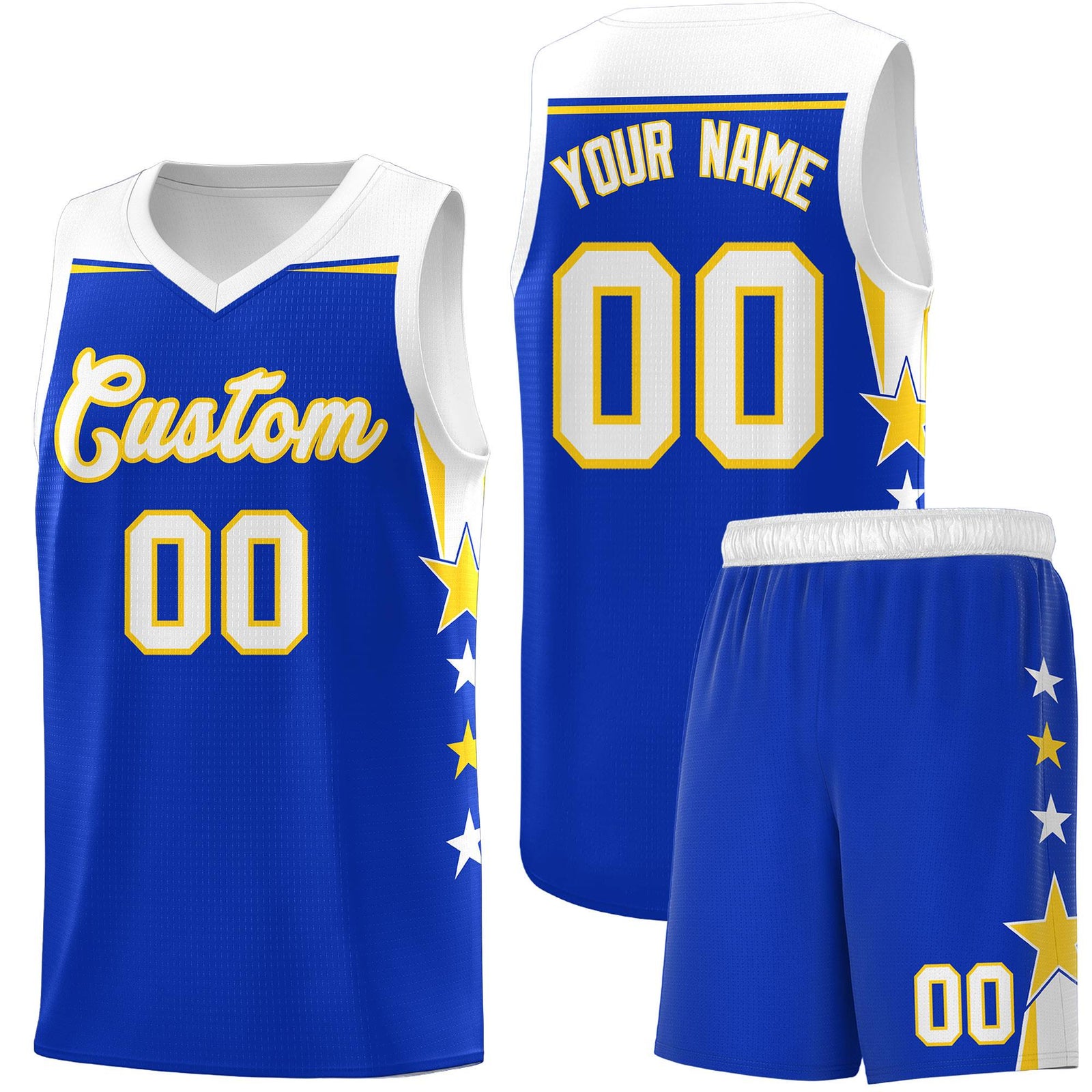 Custom Youth Basketball Uniform Royal White Two Tone Side Star Add Name Number & Logo
