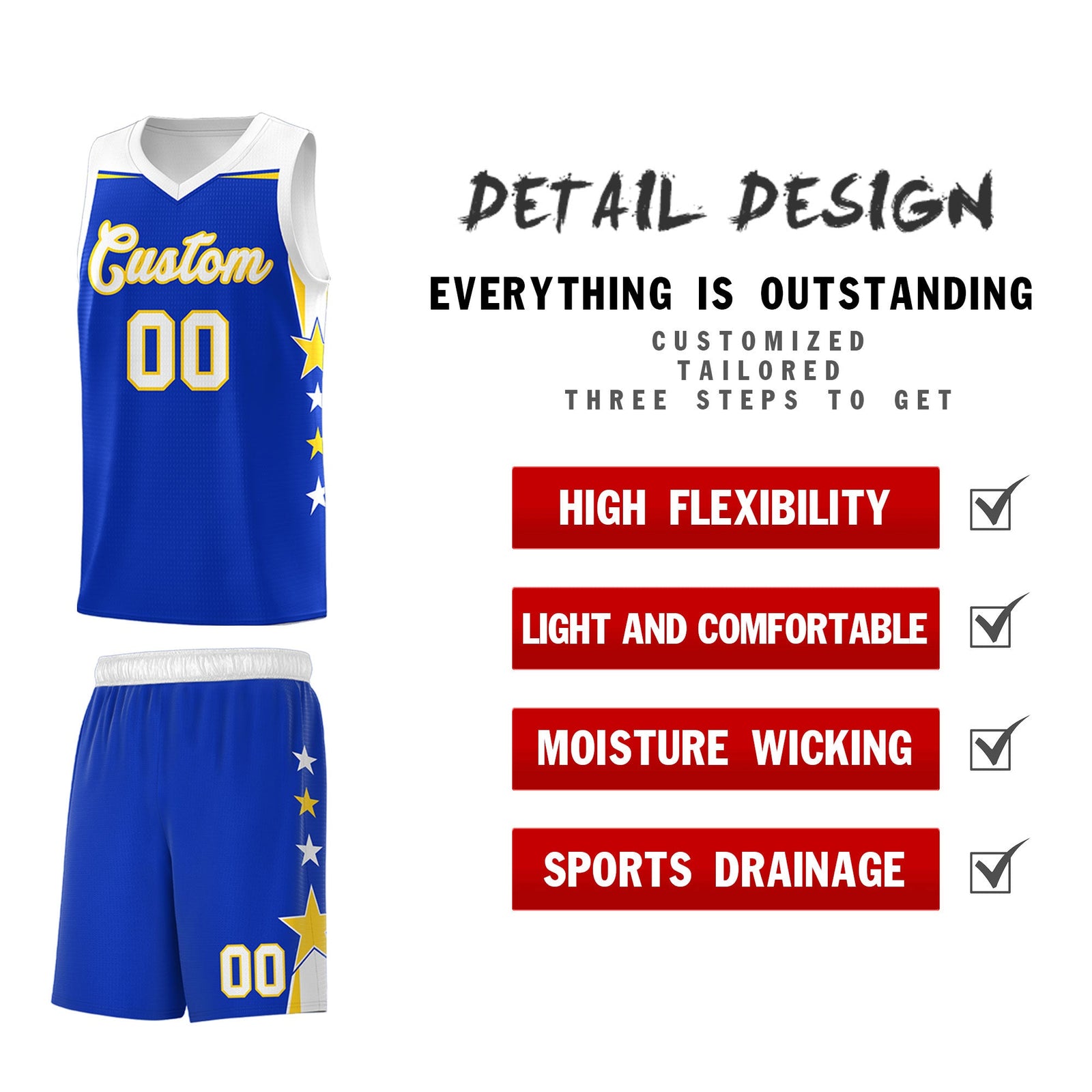 Custom Youth Basketball Uniform Royal White Two Tone Side Star Add Name Number & Logo