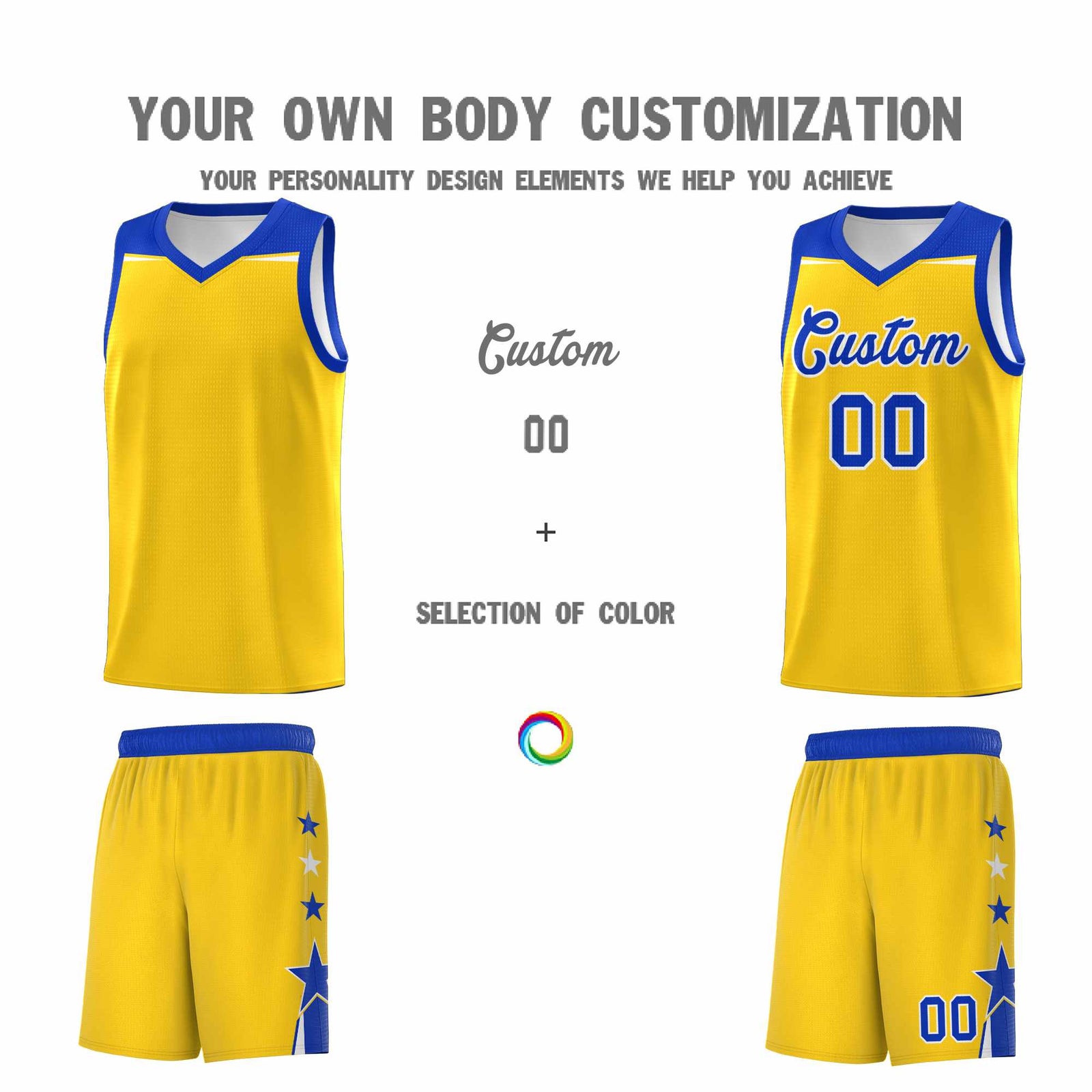 Custom Youth Basketball Uniform Gold Royal Two Tone Side Star Personalized Team Jersey