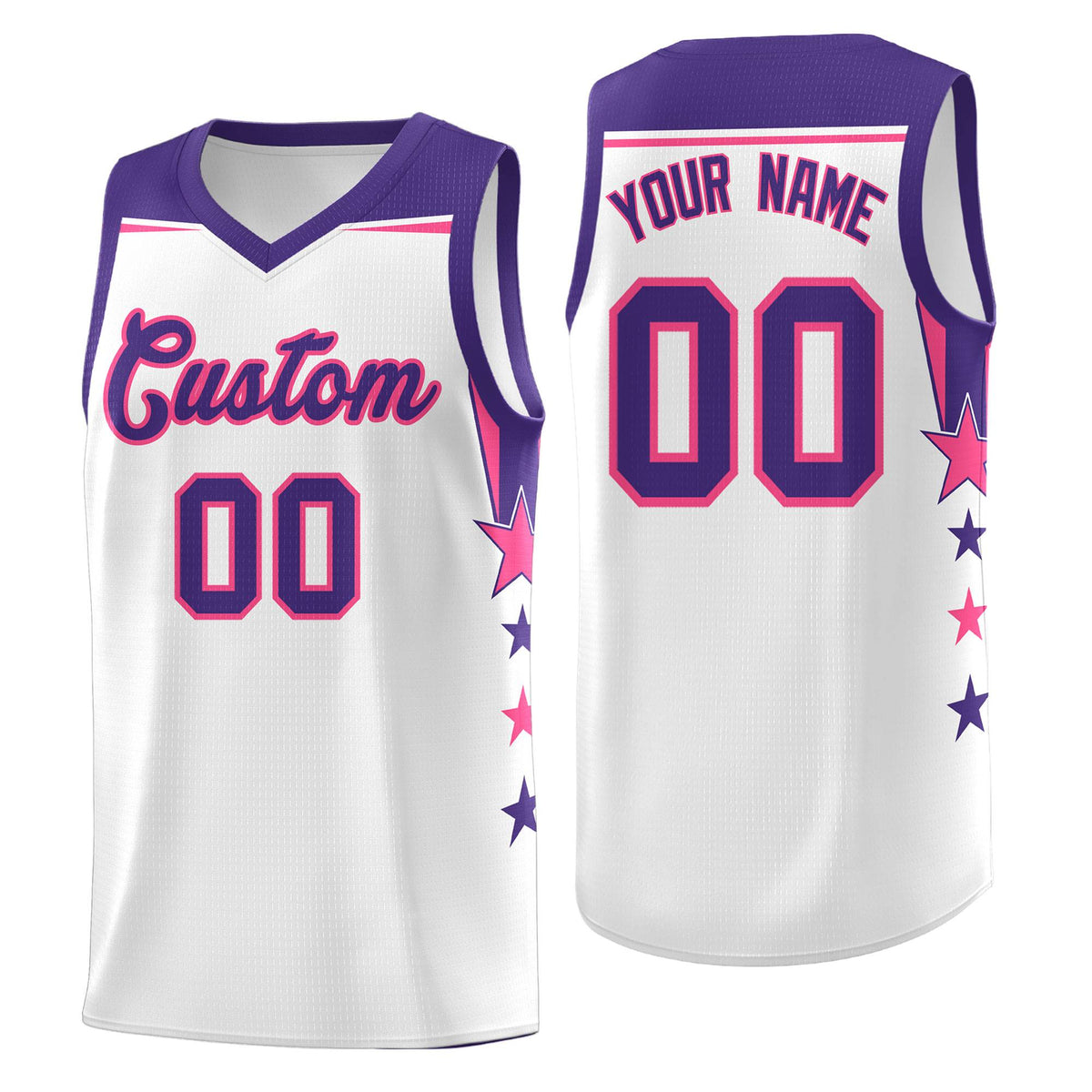Custom Youth Basketball Uniform White Purple Two Tone Side Star Color Block Team Jersey