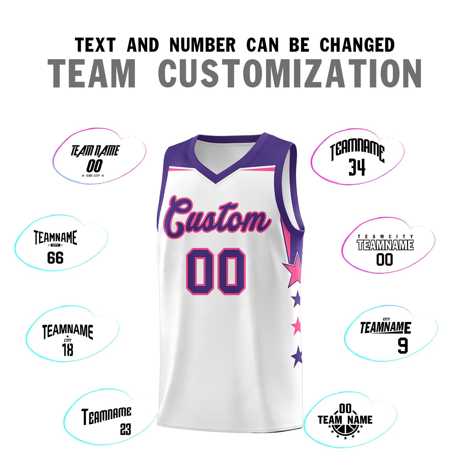 Custom Youth Basketball Uniform White Purple Two Tone Side Star Color Block Team Jersey