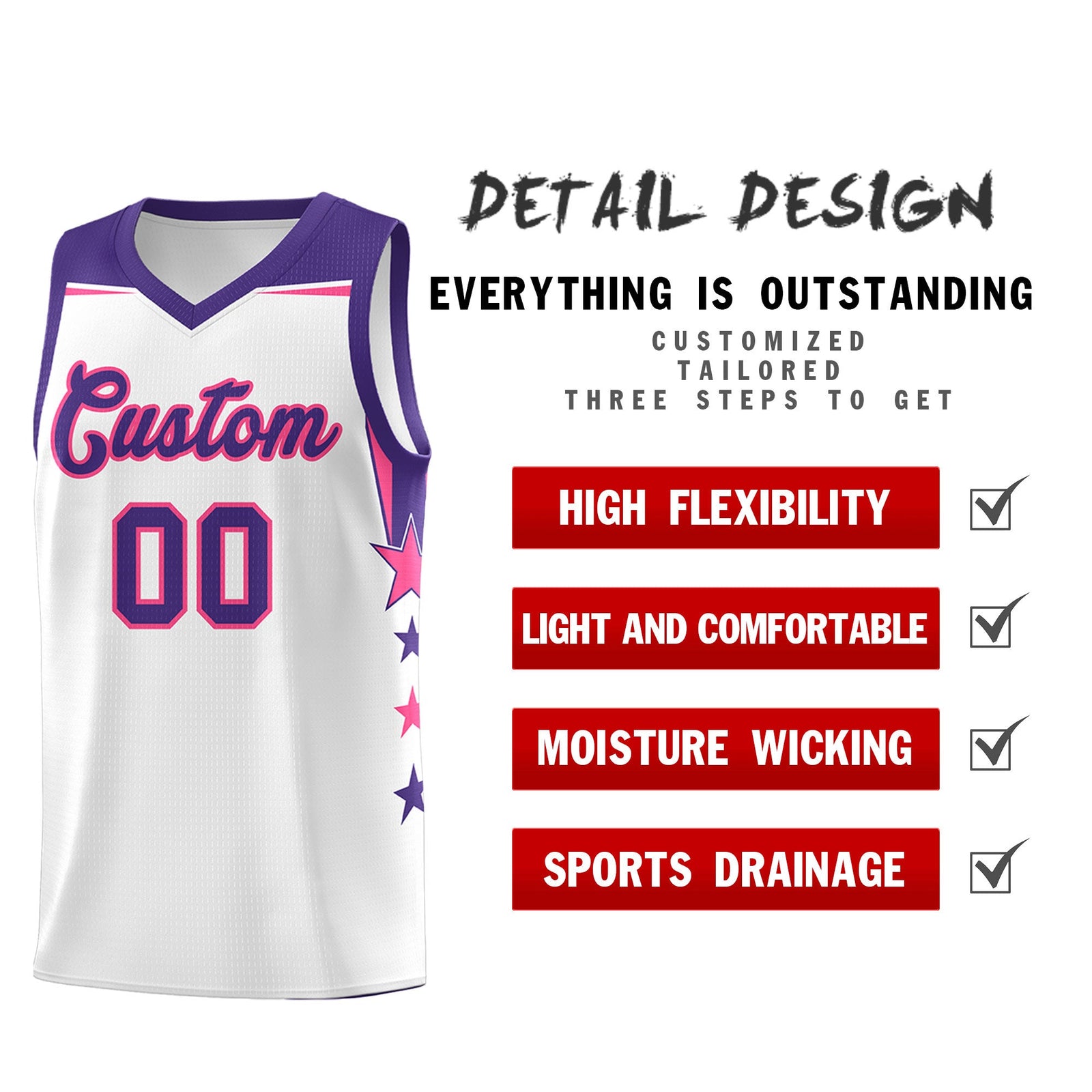 Custom Youth Basketball Uniform White Purple Two Tone Side Star Color Block Team Jersey