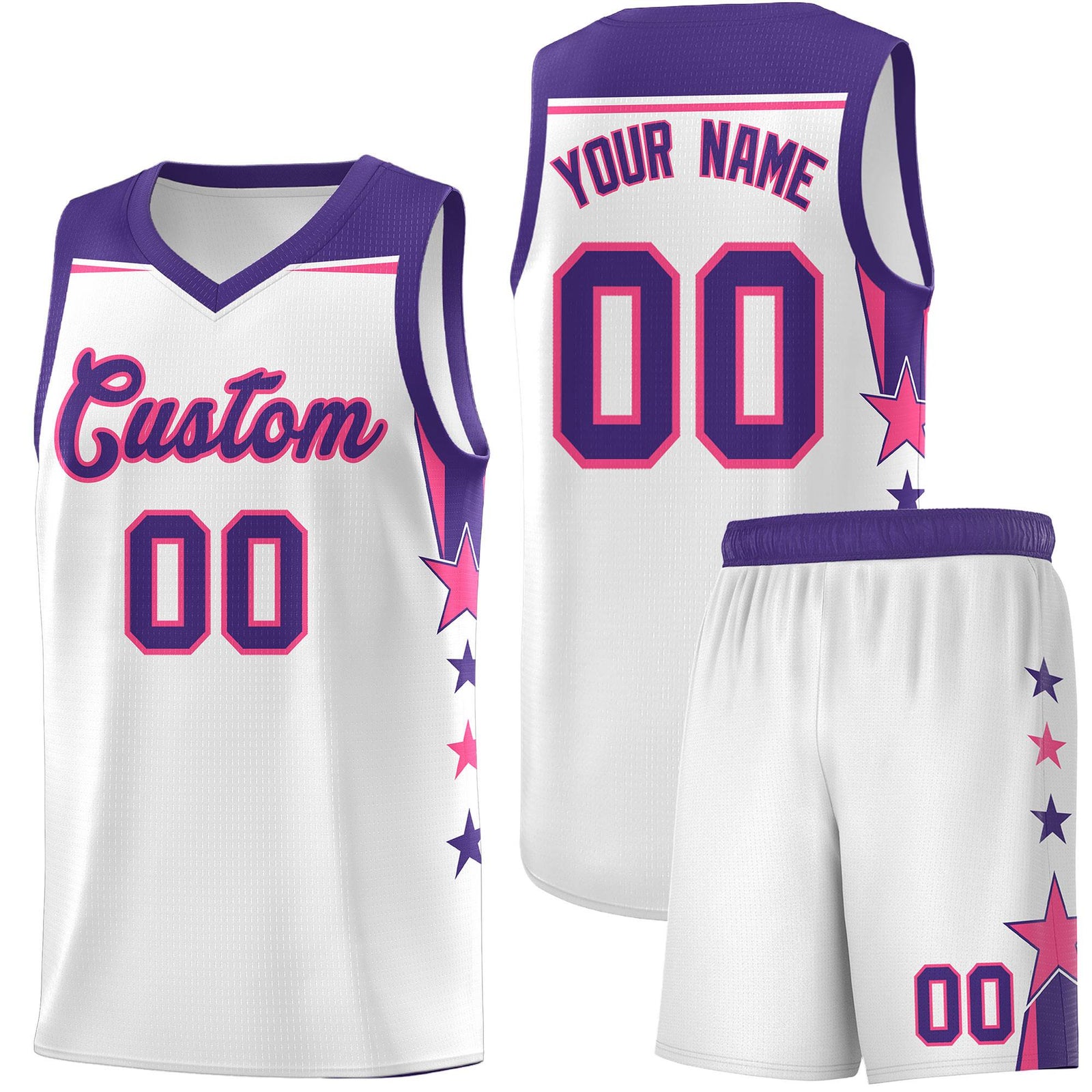 Custom Youth Basketball Uniform White Purple Two Tone Side Star Color Block Team Jersey