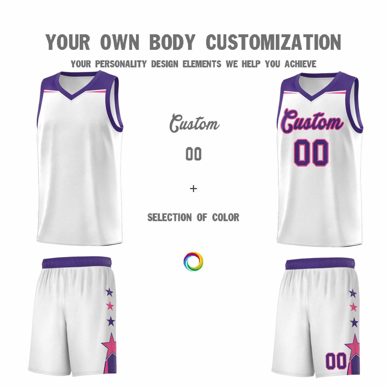 Custom Youth Basketball Uniform White Purple Two Tone Side Star Color Block Team Jersey