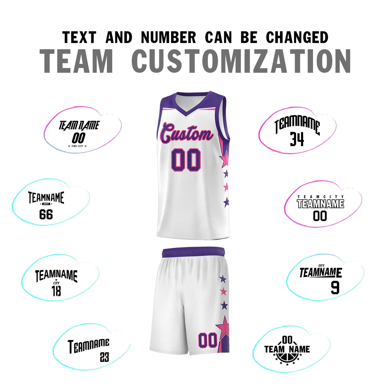 Custom Youth Basketball Uniform White Purple Two Tone Side Star Color Block Team Jersey