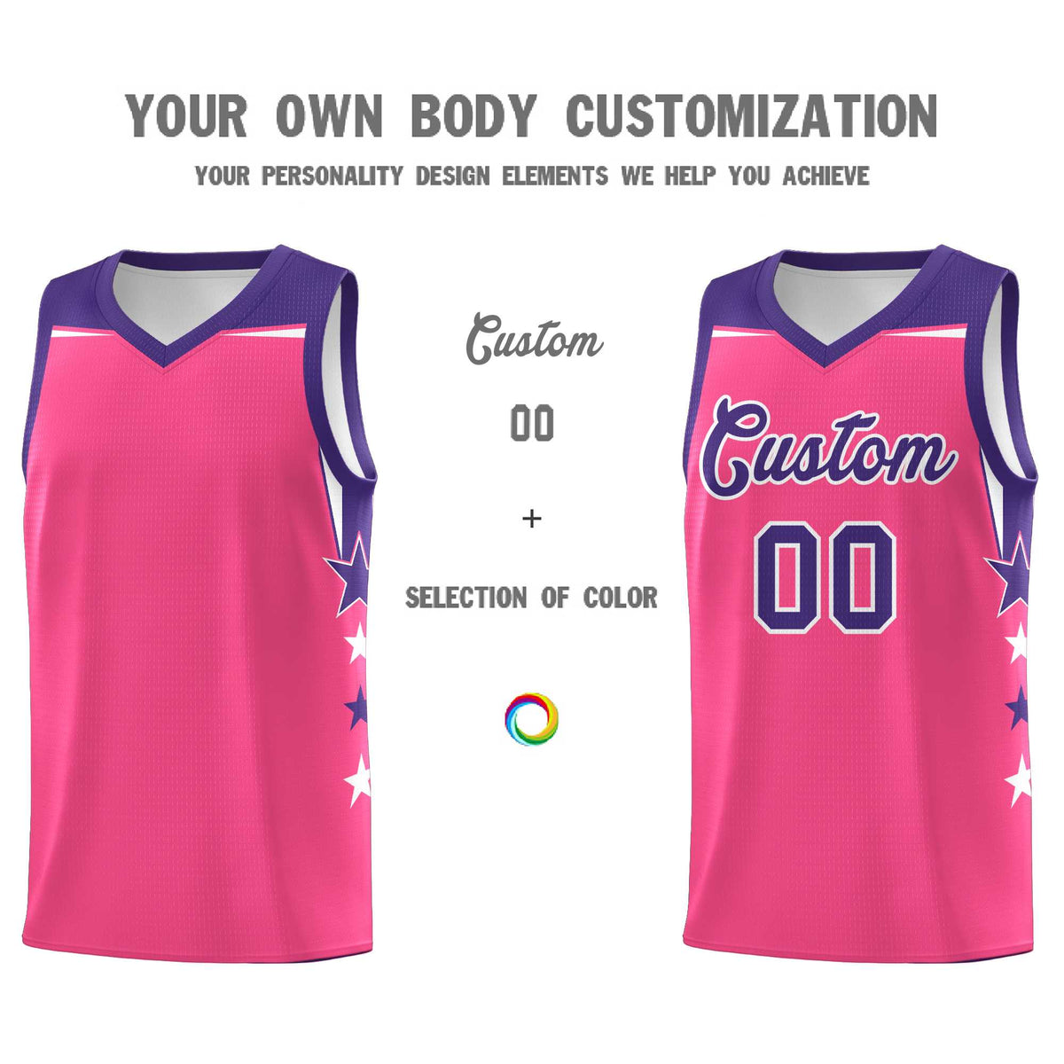 Custom Youth Basketball Uniform Pink Purple Two Tone Side Star Add Name Number &amp; Logo